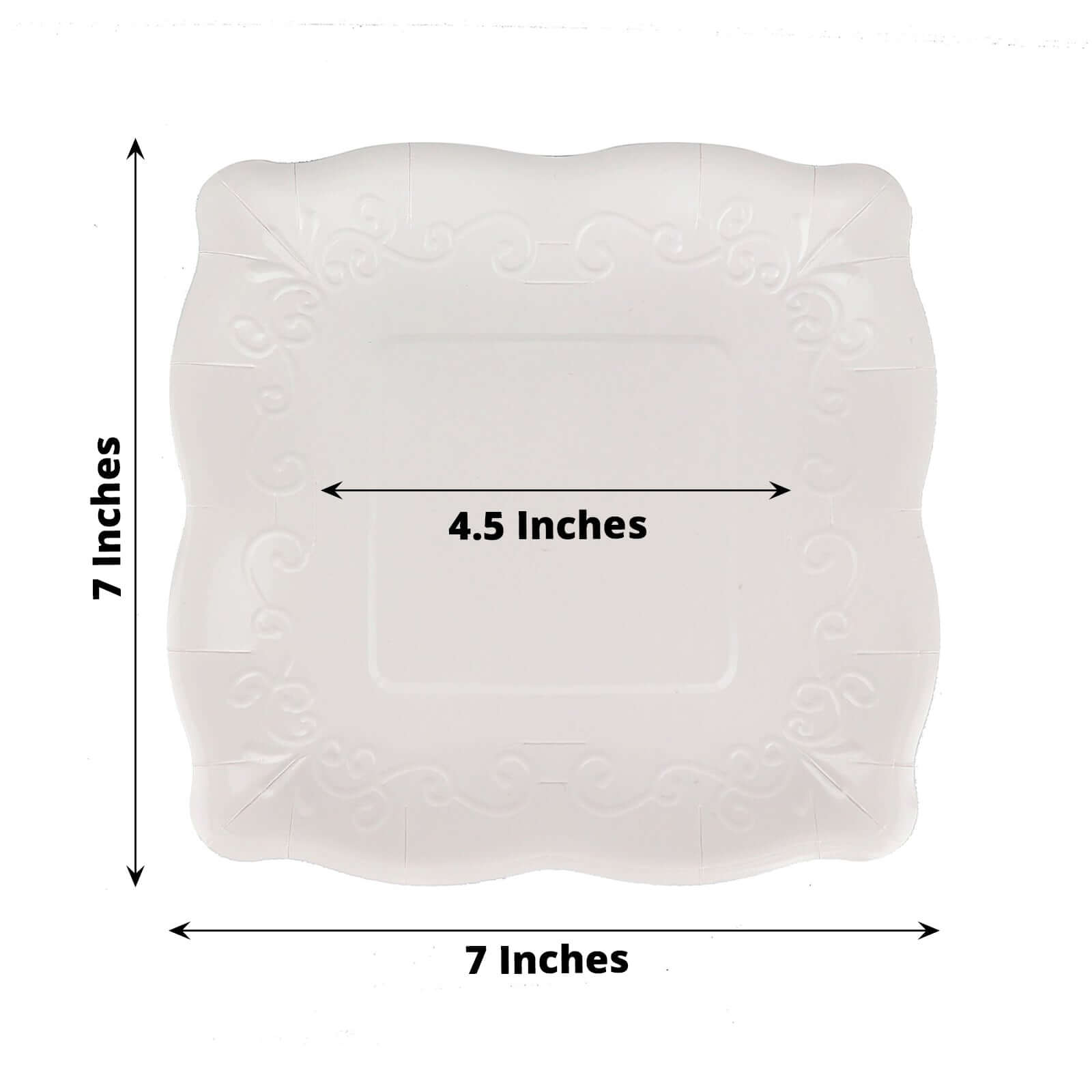 25-Pack White 7-Inch Square Disposable Dessert Plates with Vintage Pottery Embossed Design - Ideal for Special Events