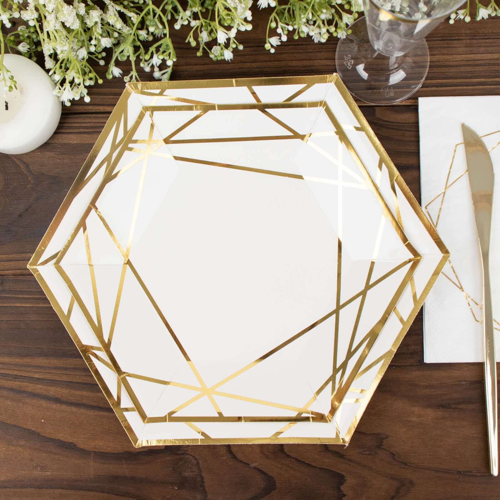 Hot Deal! 25-Pack White & Gold Geometric Hexagon Disposable Paper Dessert Plates for Events
