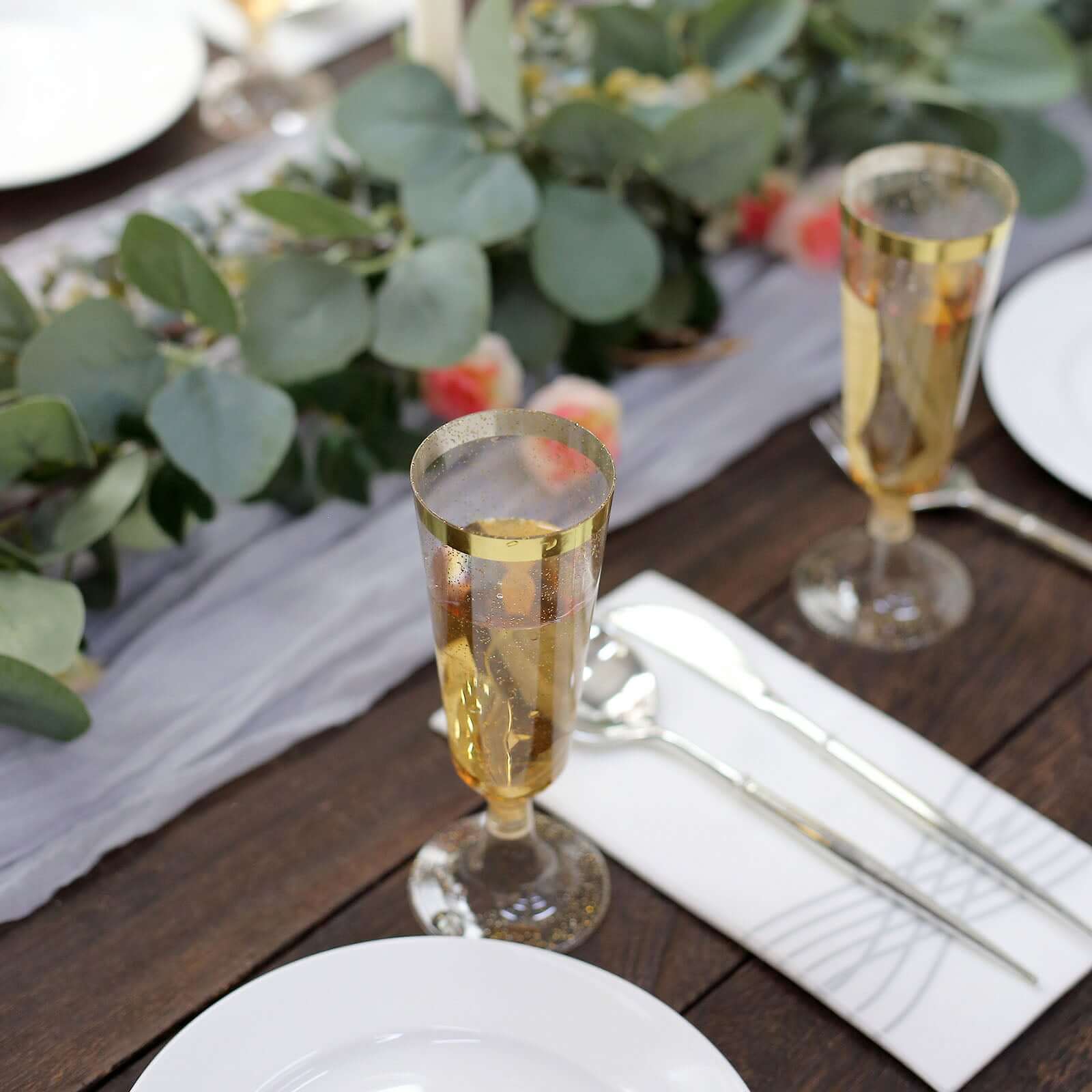 Hot Sale! 12-Pack Disposable Plastic Champagne Flutes with Clear Body, Gold Glitter, and Gold Rim for Parties, 6oz
