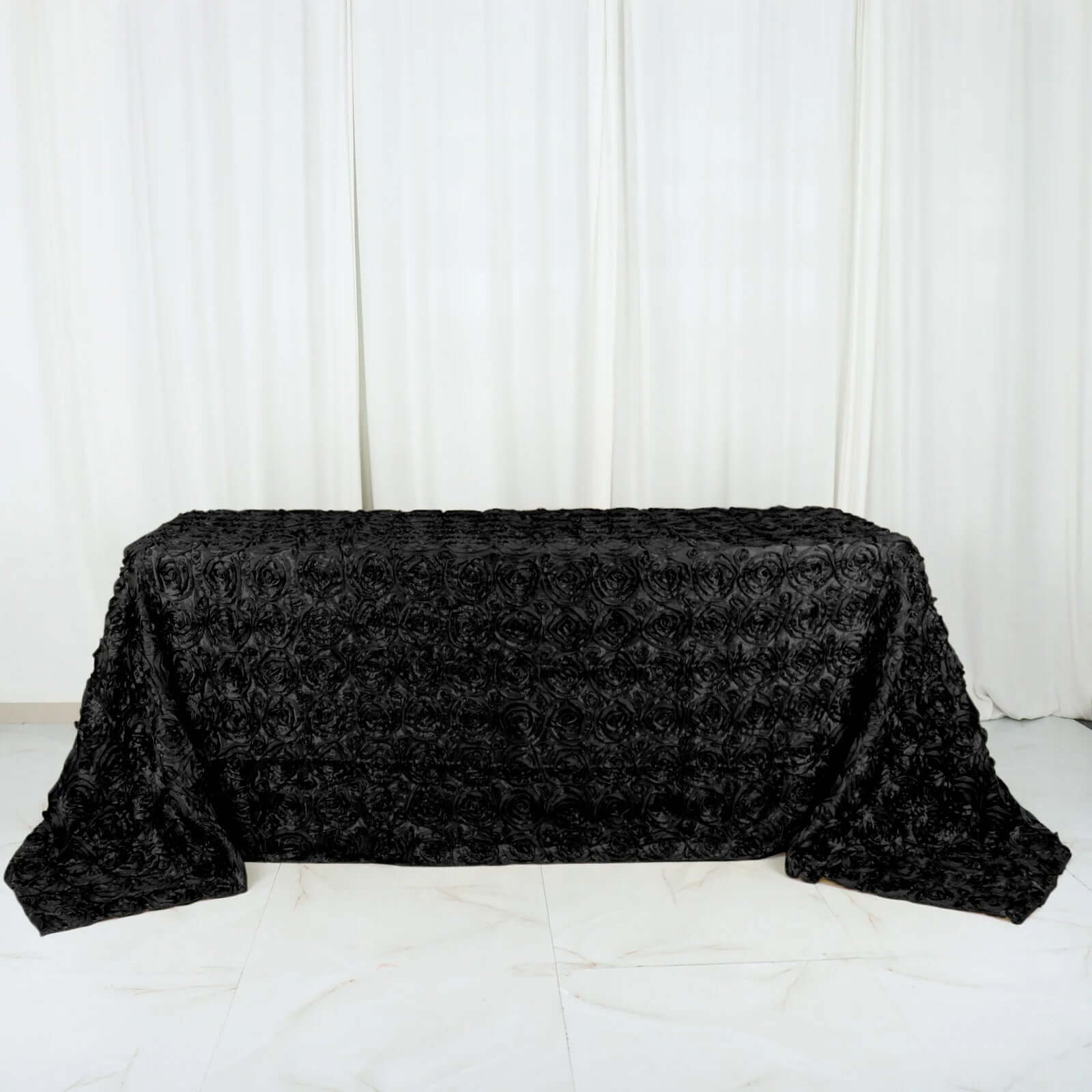 Black Satin Rectangle Tablecloth (90x132) with Stunning 3D Rosette Design for Elegant Gatherings
