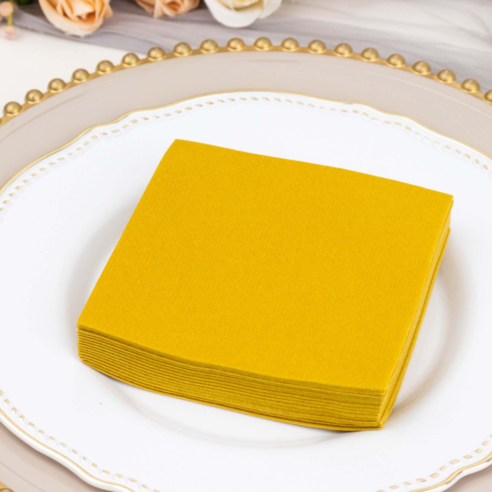 20-Piece Pack of 5x5 Gold Linen-Like Airlaid Beverage Napkins - Super Absorbent & Disposable