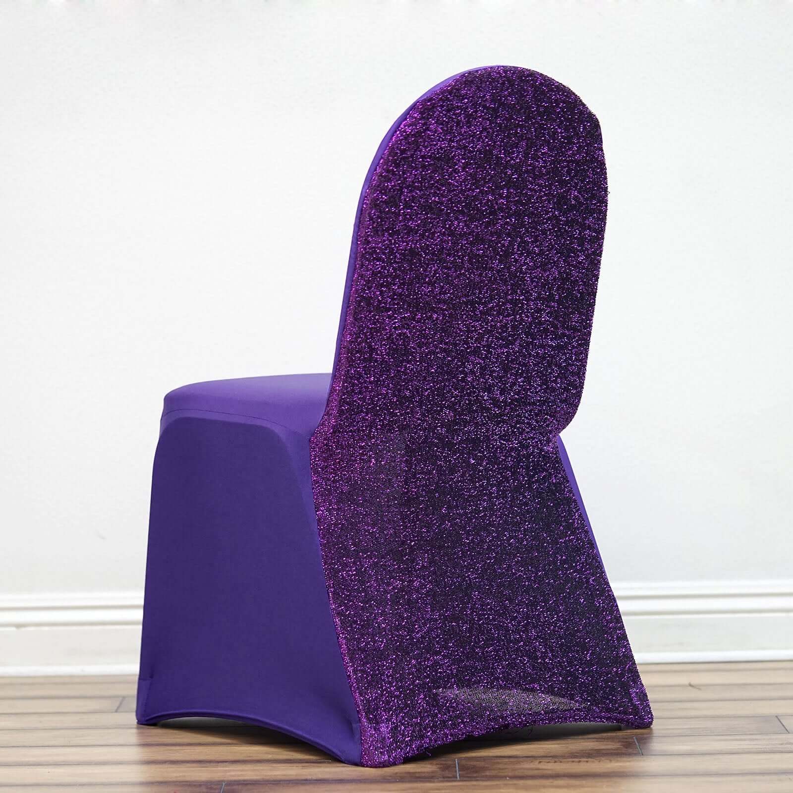 Hot! Purple Fitted Spandex Banquet Chair Cover with Metallic Shimmer Tinsel Back