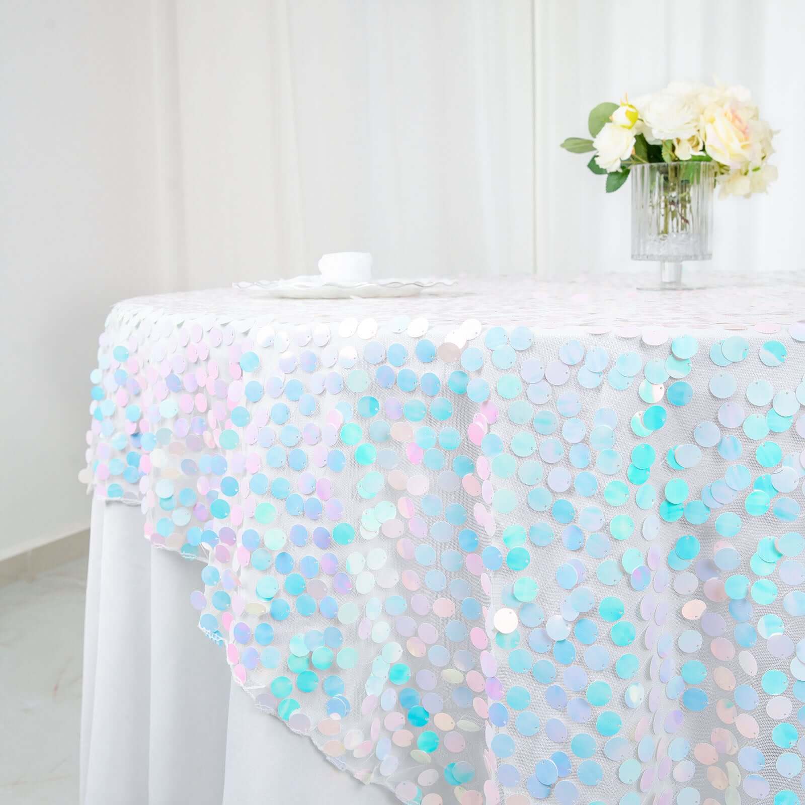 18mm Sequin 72x72 Square Table Overlay in Iridescent Blue for Big Tables
