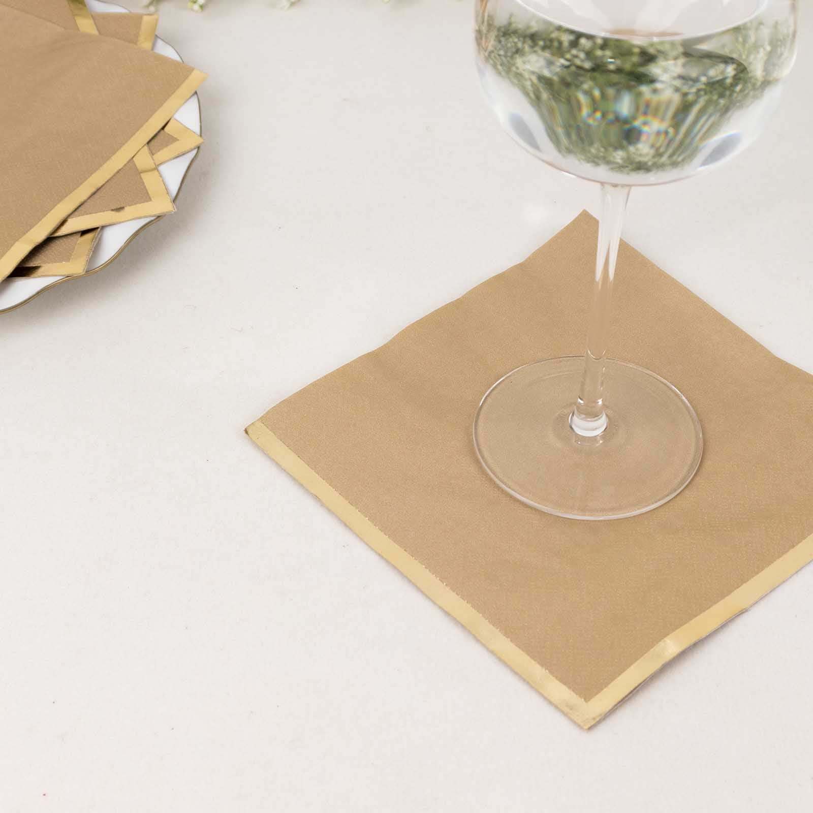 50-Pack Disposable 2-Ply Gold Foil Edge Natural Paper Beverage Napkins for Events