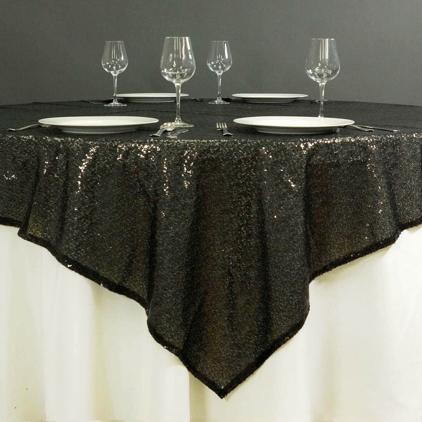 Black 72x72 Square Sequin Table Overlay - Sparkling Design for Stunning Gatherings