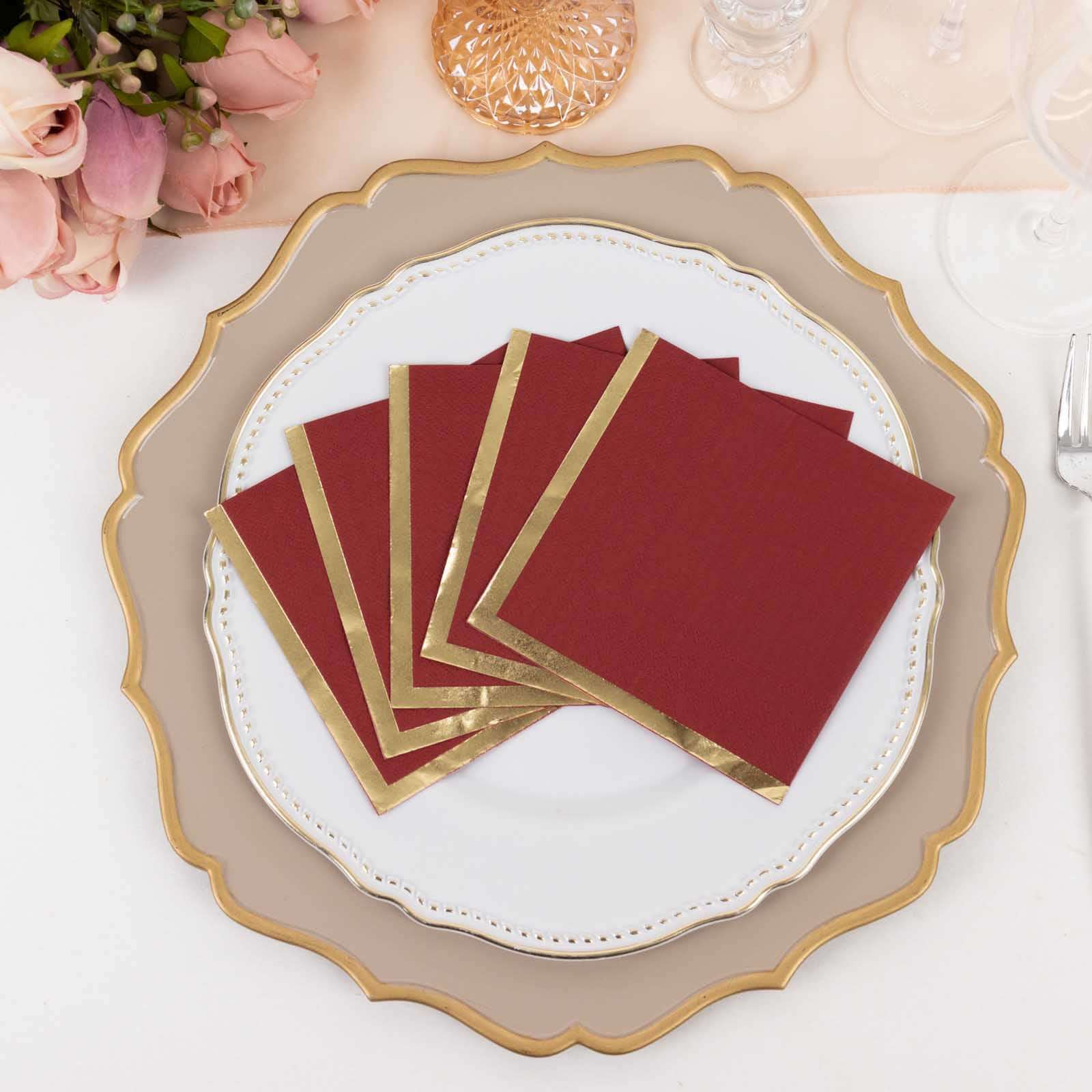 Hot! 50-Pack 2-Ply Disposable Burgundy Cocktail Napkins with Gold Foil Edge, 18GSM