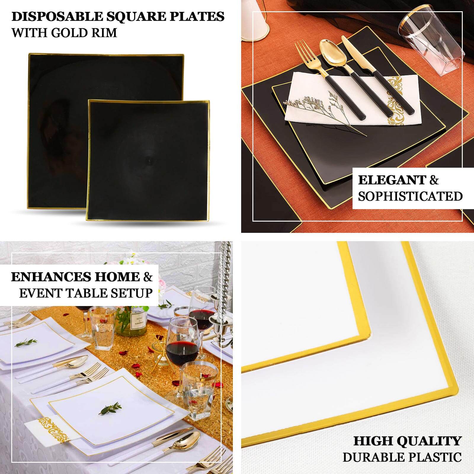 10-Pack Disposable Taupe Plastic Square Dessert Plates with Gold Rim - Ideal for Parties