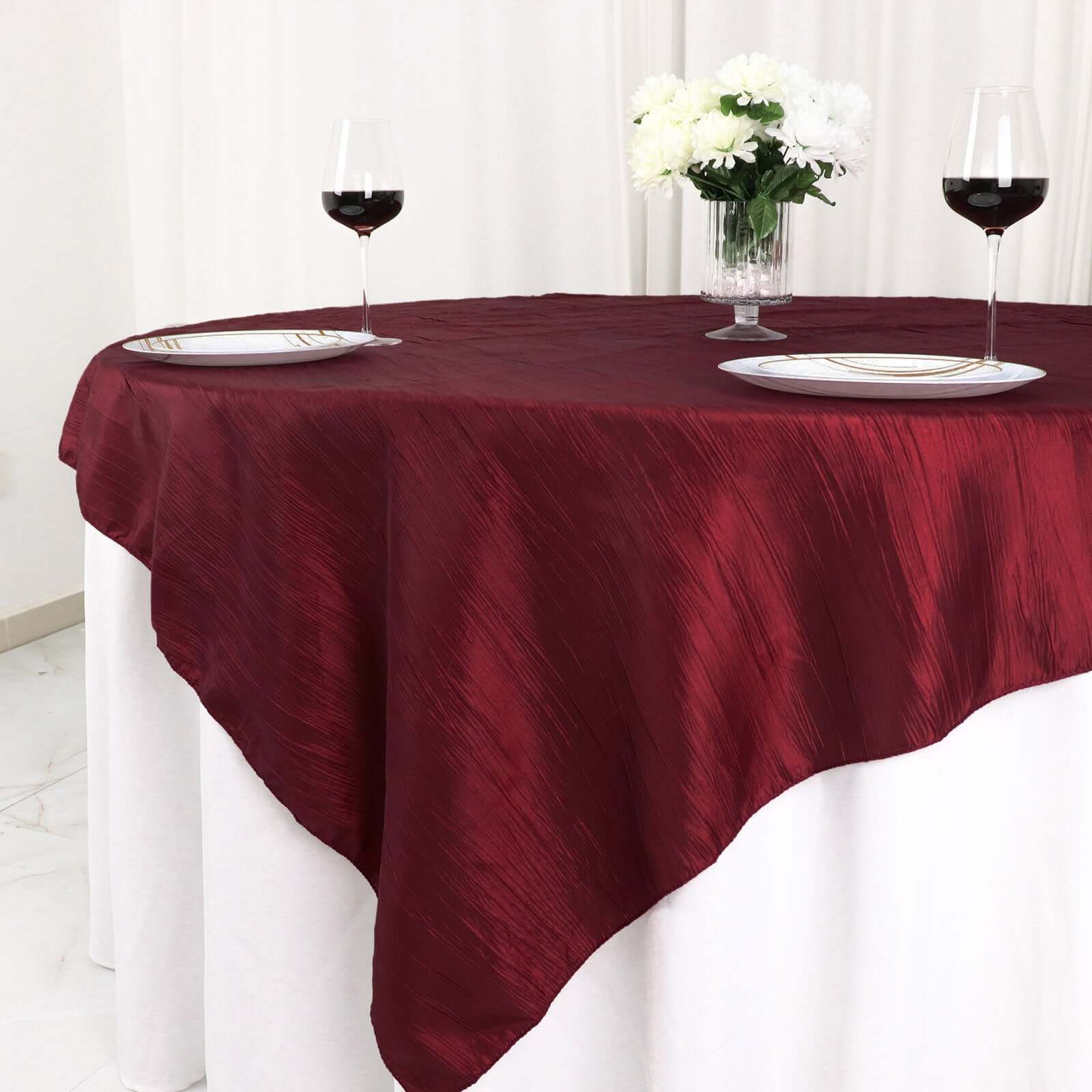 Hot! Burgundy 72x72 Square Accordion Crinkle Taffeta Table Overlay