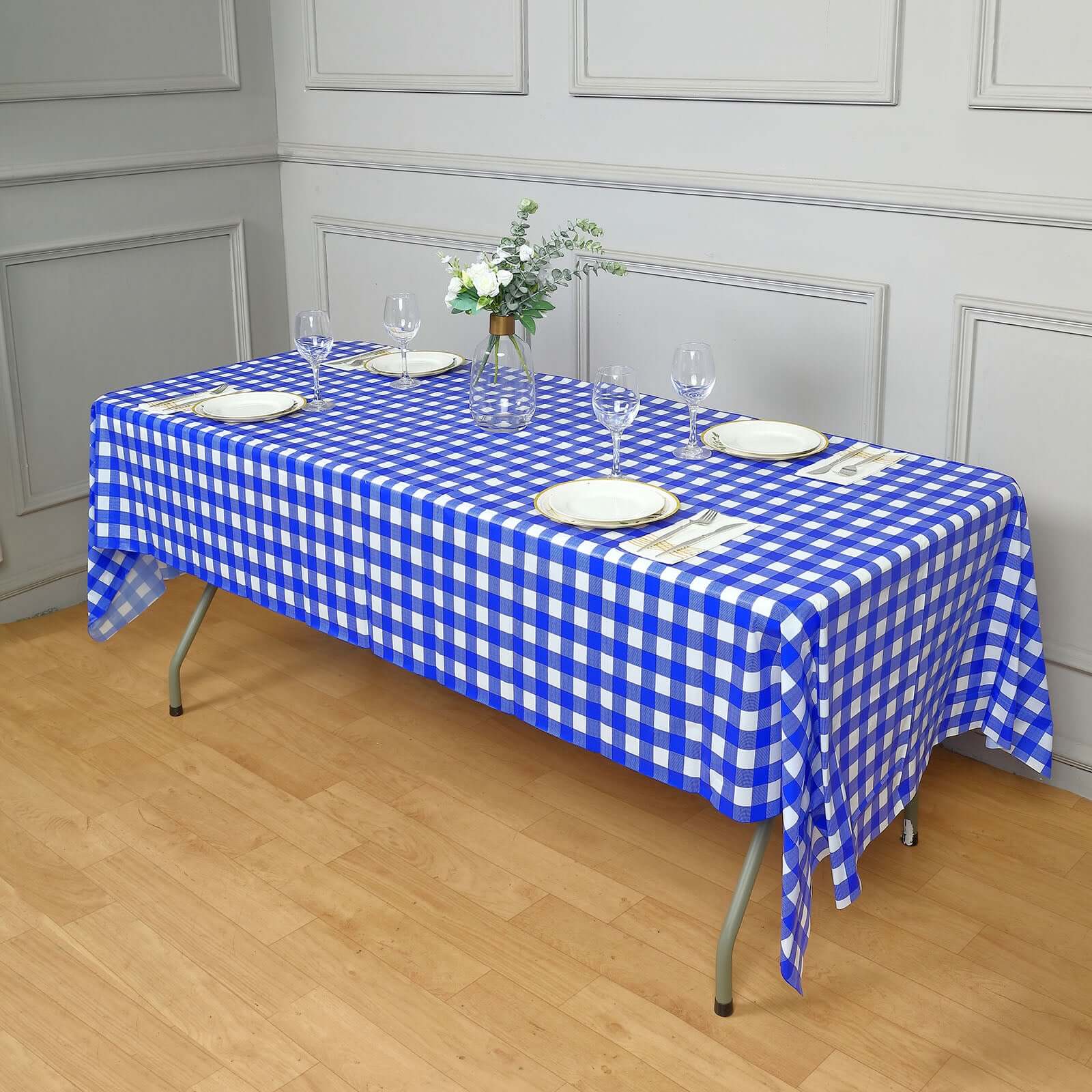 5-Pack Royal Blue Checkered Plastic Table Covers - Durable & Disposable for Events, 54x108