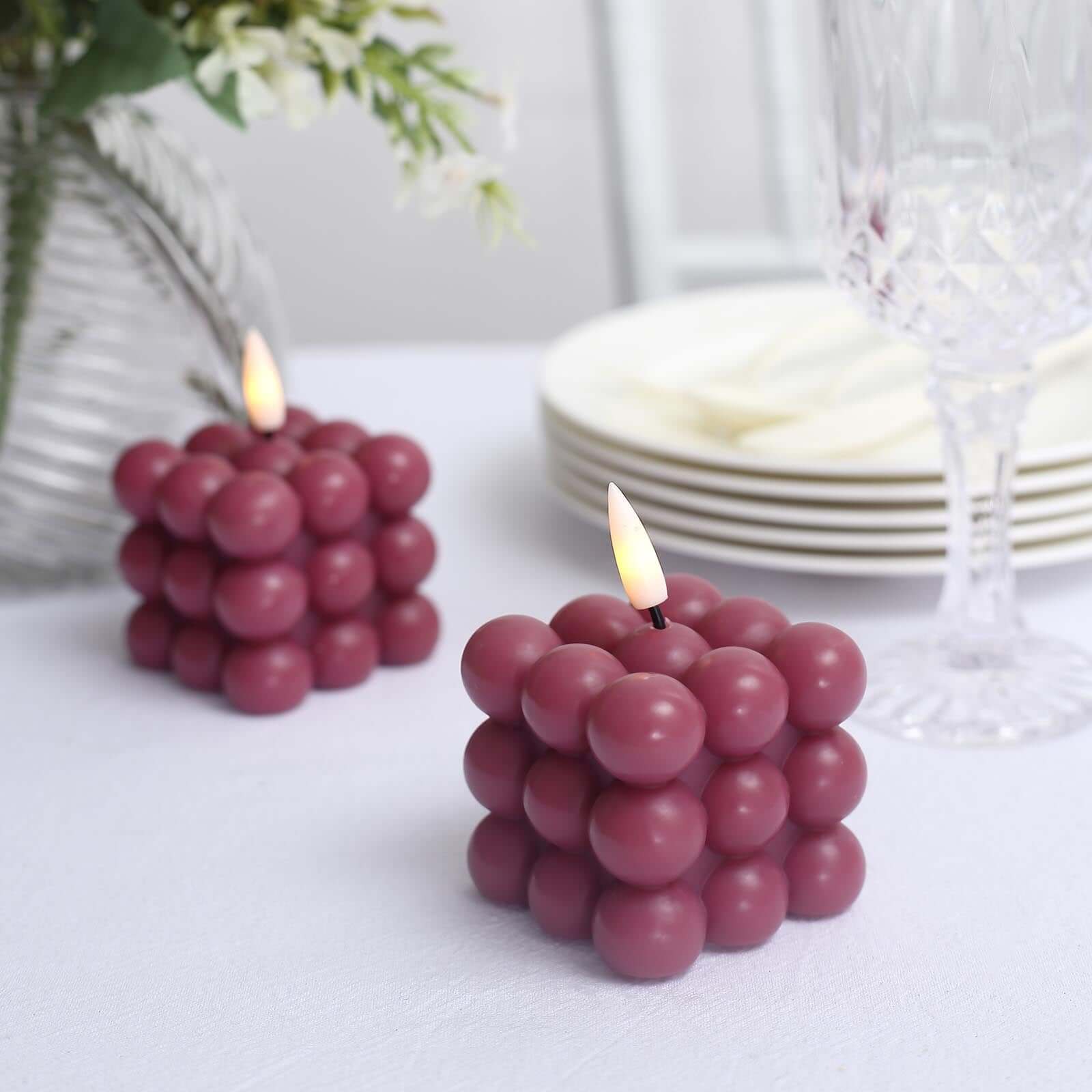2-Pack Battery-Operated Burgundy LED Flameless Cube Candles with Flickering Warm White Light