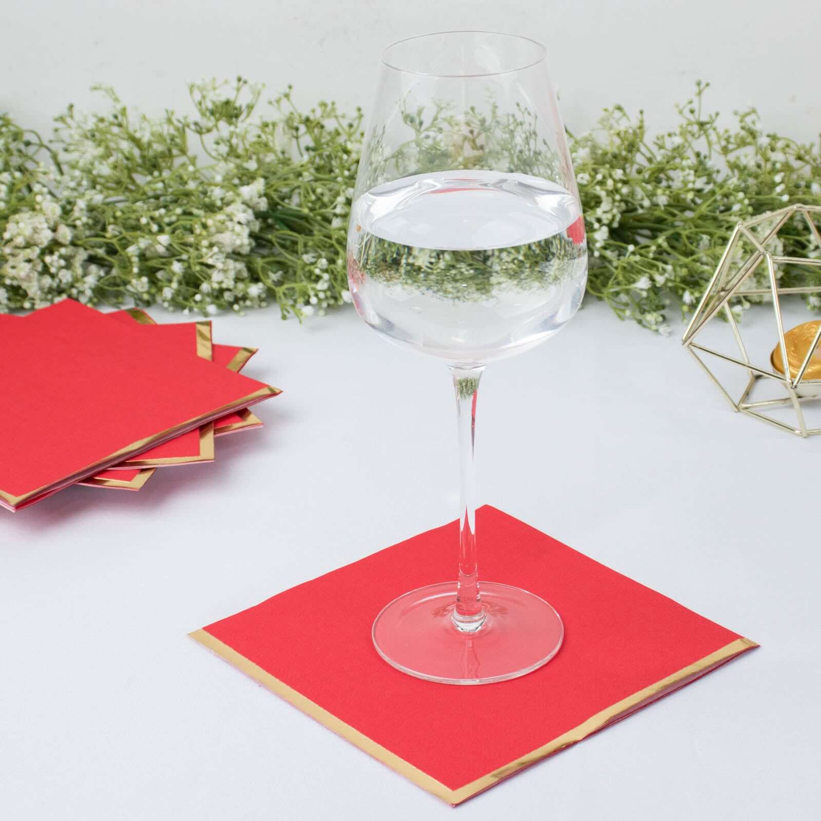 Hot! 50-Pack Red Disposable 2-Ply Cocktail Napkins with Gold Foil Edge, 6.5x6.5