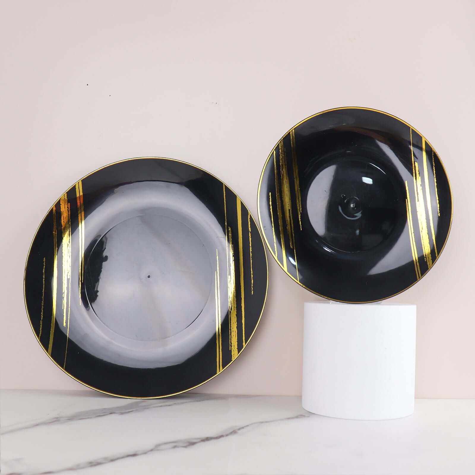 Hot Deal! 10-Pack Disposable Black Plastic Round Dinner Plates with Gold Brush Print