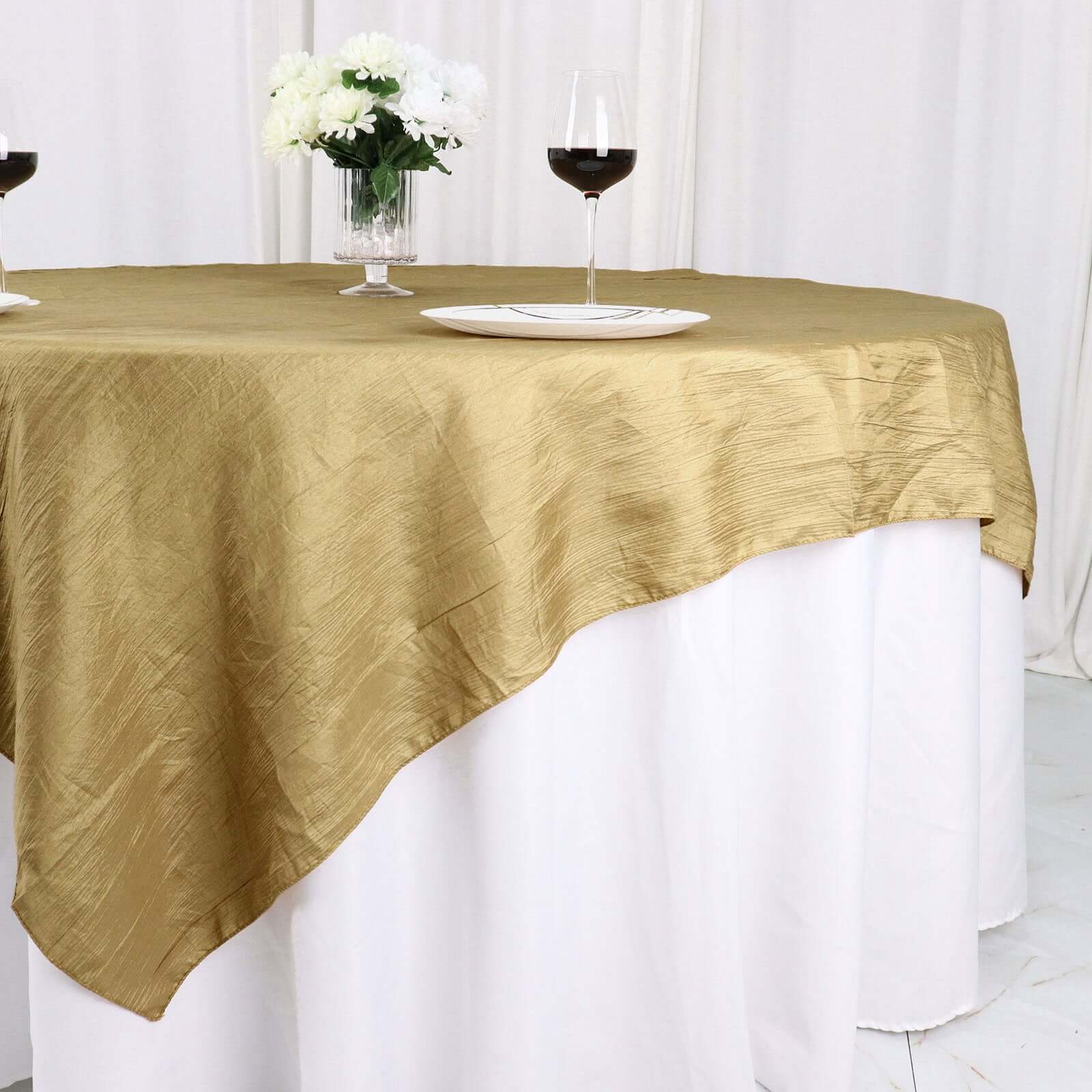 Gold Accordion Crinkle Design 72x72 Square Taffeta Table Overlay for Stylish Events