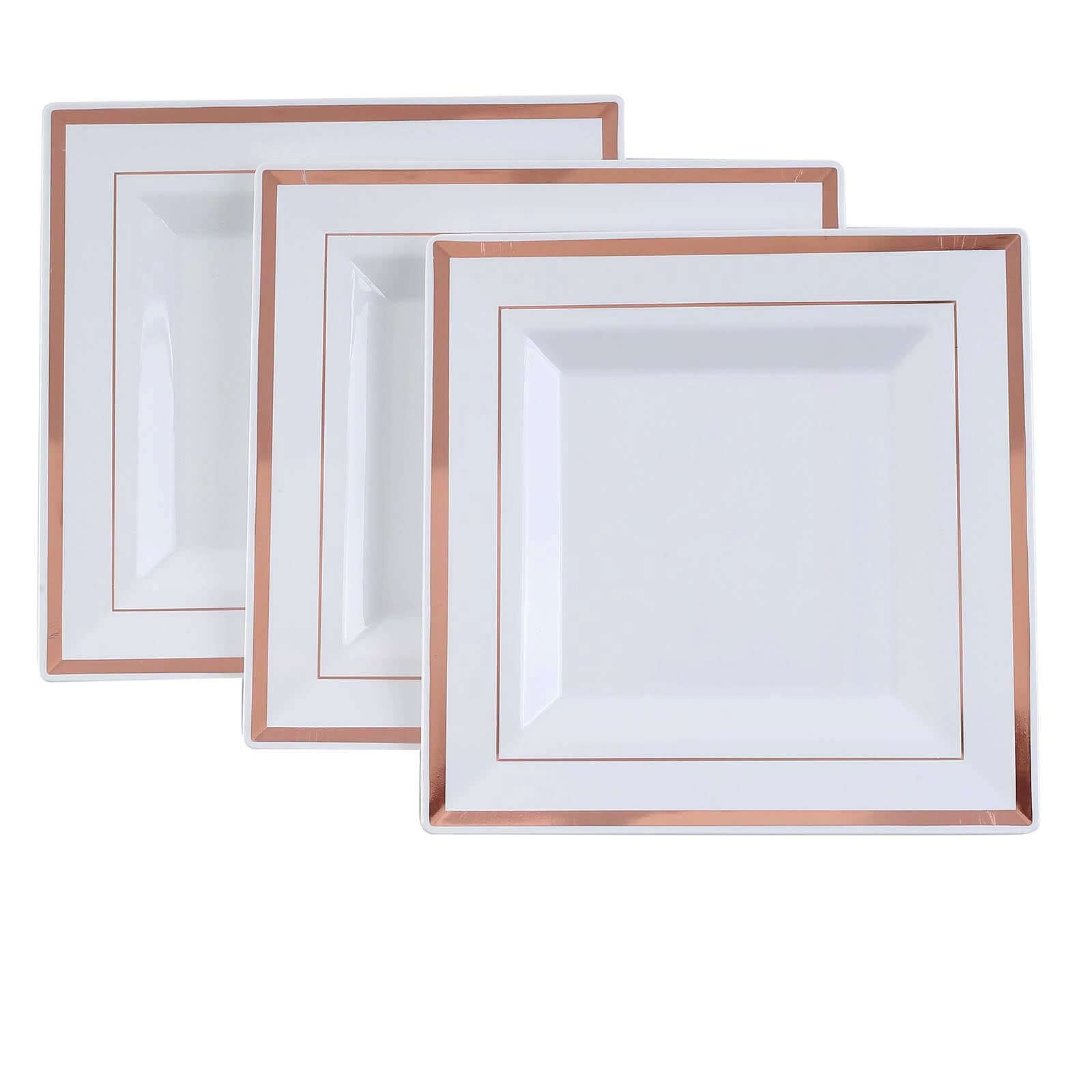 10-Piece Set of Durable Disposable White Square Salad & Dessert Plates with Rose Gold Trim, 7 Inches