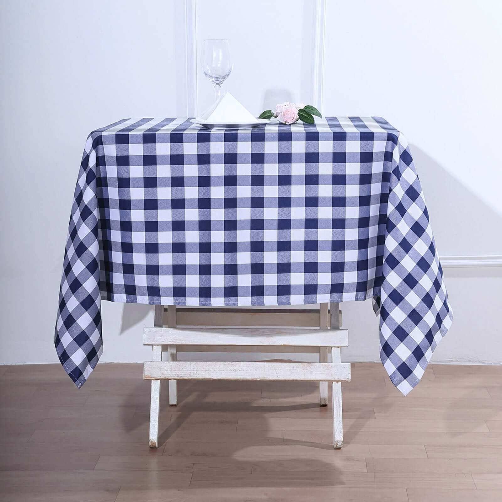Hot! White/Navy Blue Checkered Buffalo Plaid Polyester 54x54 Square Tablecloth for Casual Tables