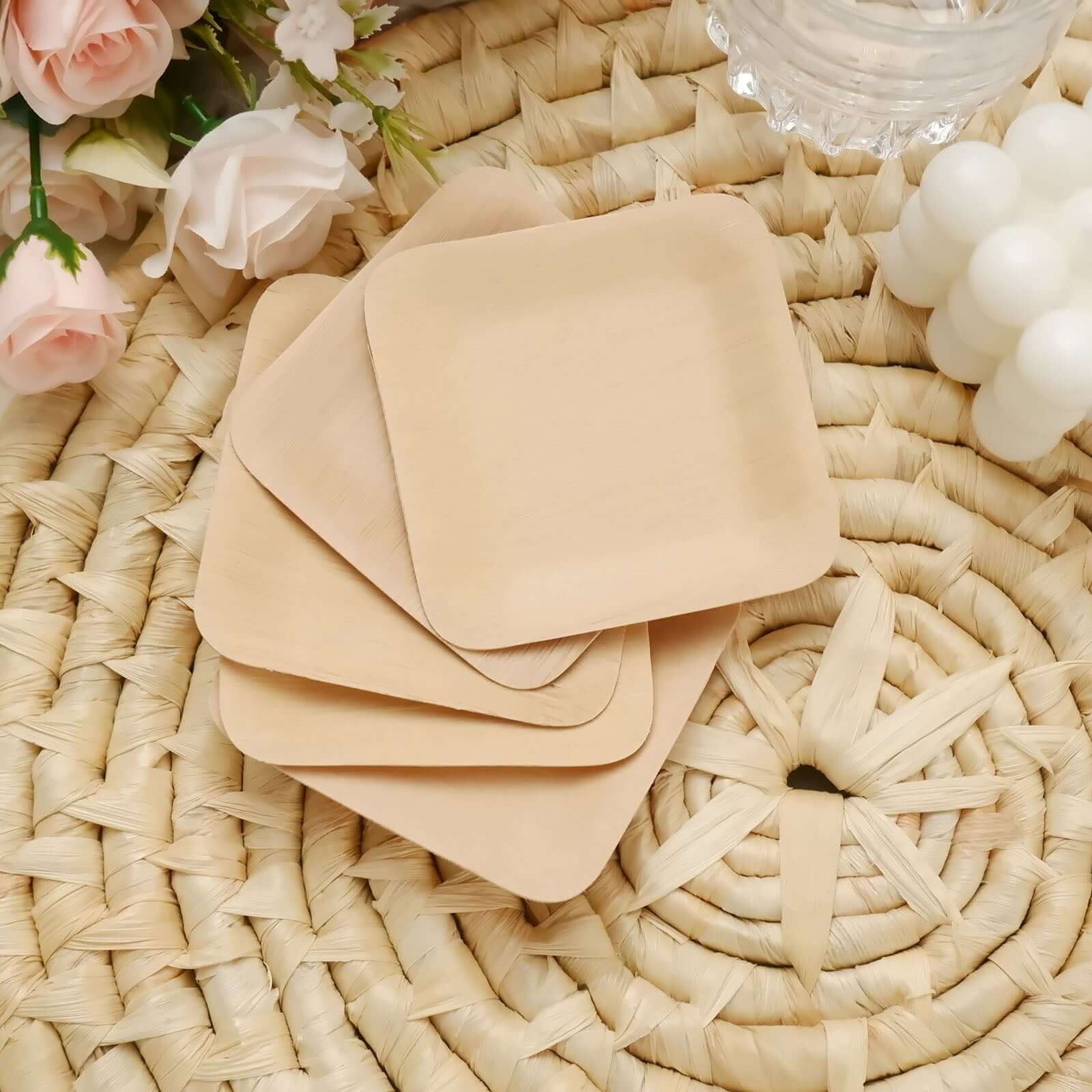 25-Piece Set of 3.5-Inch Natural Bamboo Square Disposable Dessert Plates for Farmhouse Events