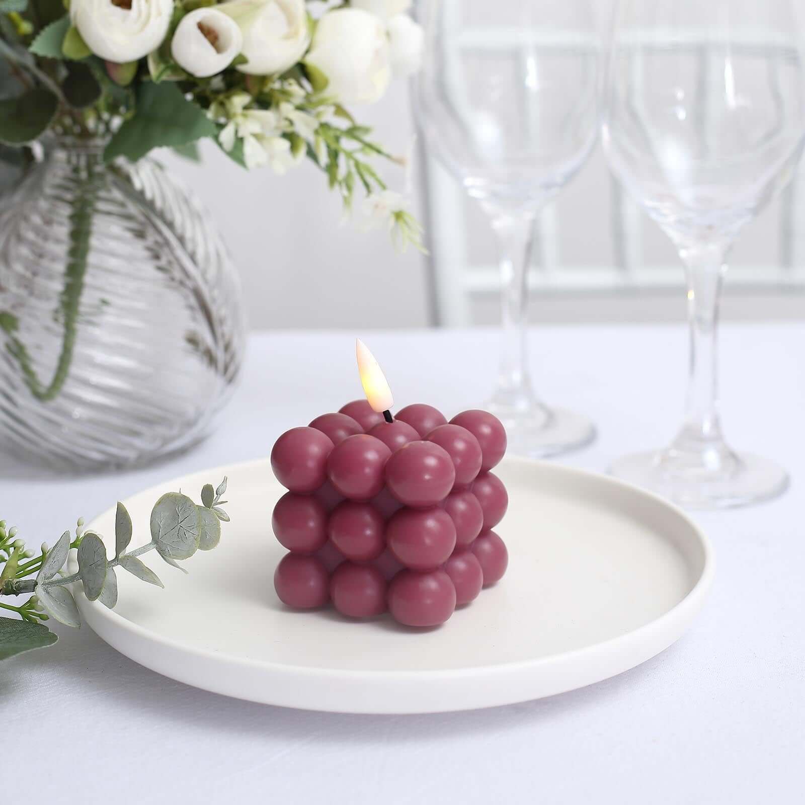 2-Pack Battery-Operated Burgundy LED Flameless Cube Candles with Flickering Warm White Light