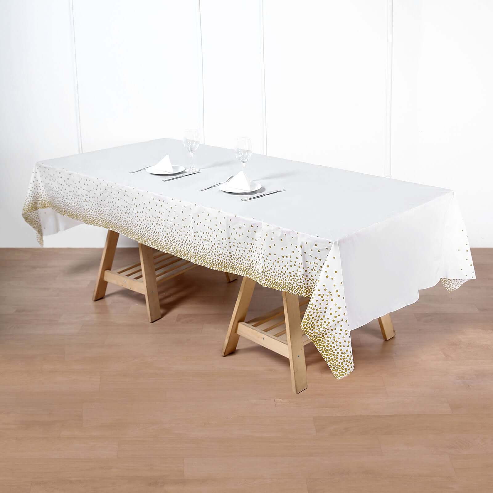 5-Pack Disposable PVC White Rectangle Table Covers with Gold Confetti Dots - Ideal for Events