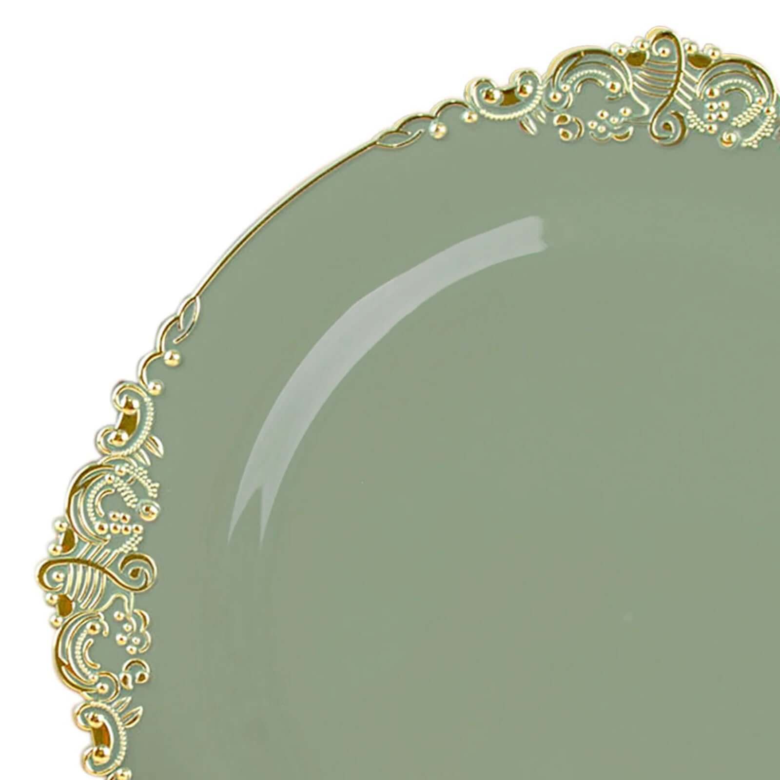 10-Pack Disposable Vintage Baroque Style Plastic Round Salad Dessert Plates in Dusty Sage Green with Gold Leaf Rim