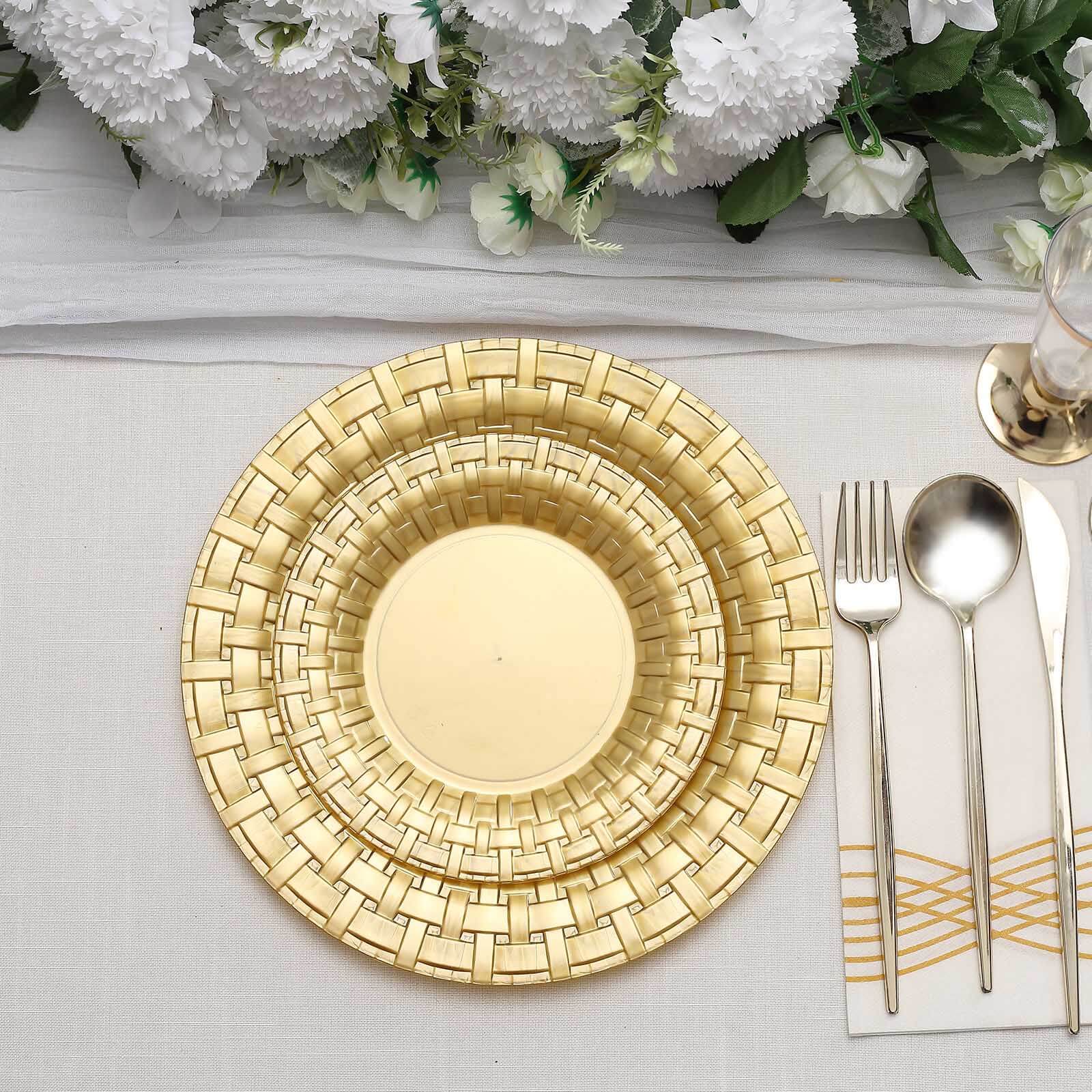Hot Deal! 10-Pack Gold Basketweave Rim Disposable Plastic Dinner Plates (10