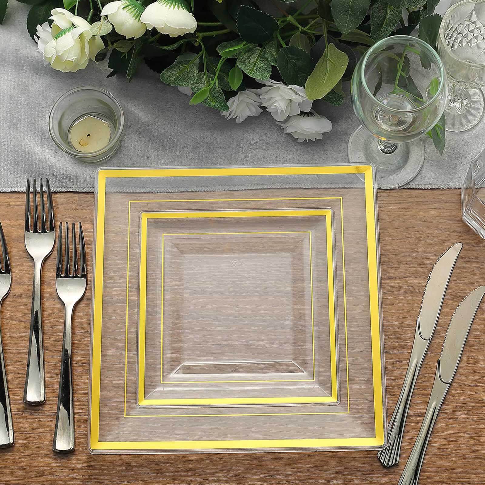 10-Pack Disposable Clear Square Salad & Dessert Plastic Plates with Elegant Gold Trim, 7 Inches