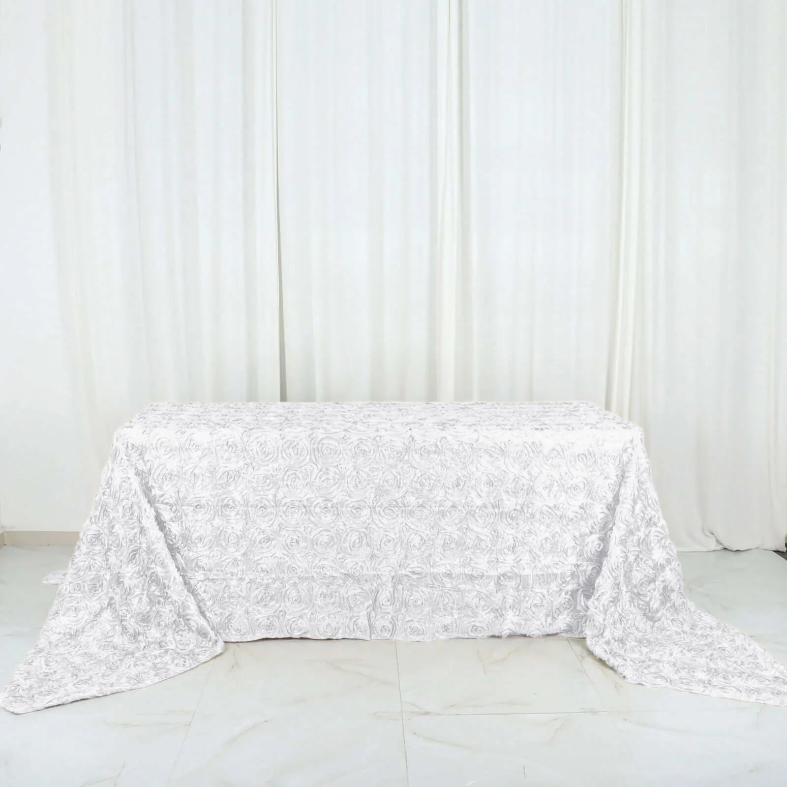 White Satin 90x156 Rectangle Tablecloth with Elegant 3D Rosette Design for Fancy Celebrations