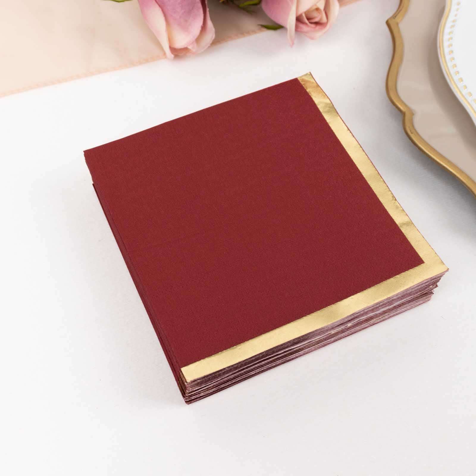 Hot! 50-Pack 2-Ply Disposable Burgundy Cocktail Napkins with Gold Foil Edge, 18GSM