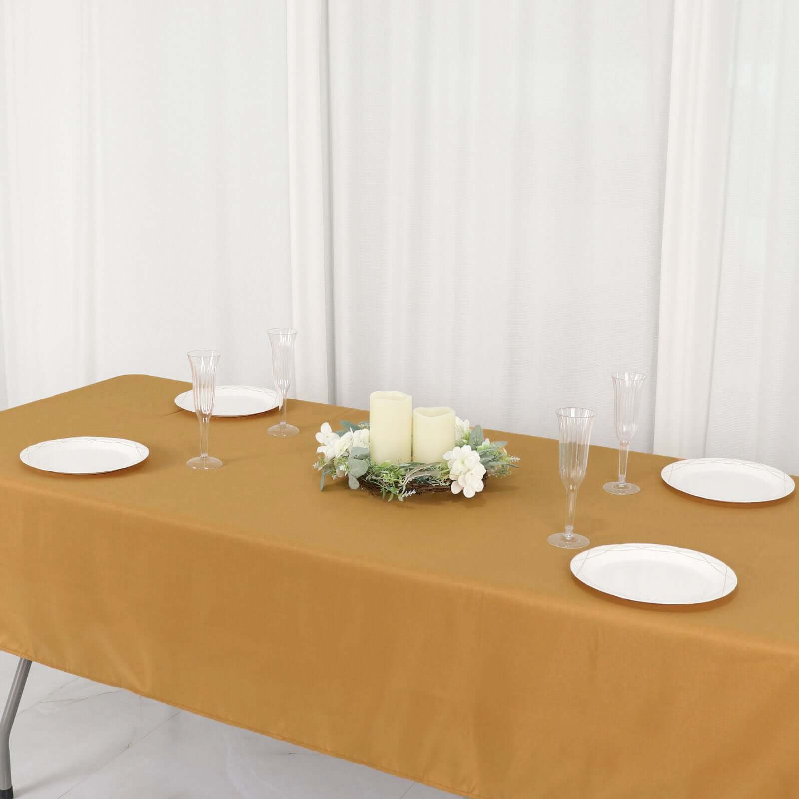Wrinkle-Resistant Gold Polyester Rectangle Tablecloth 54x96 for Weddings and Events - Easy Care!