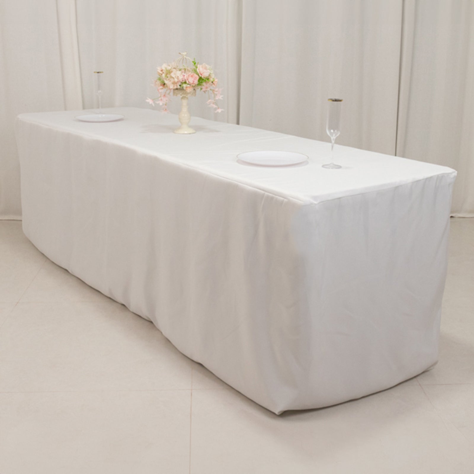 High - Quality 220GSM White Fitted 8ft Premium Polyester Rectangle Tablecloth for Events