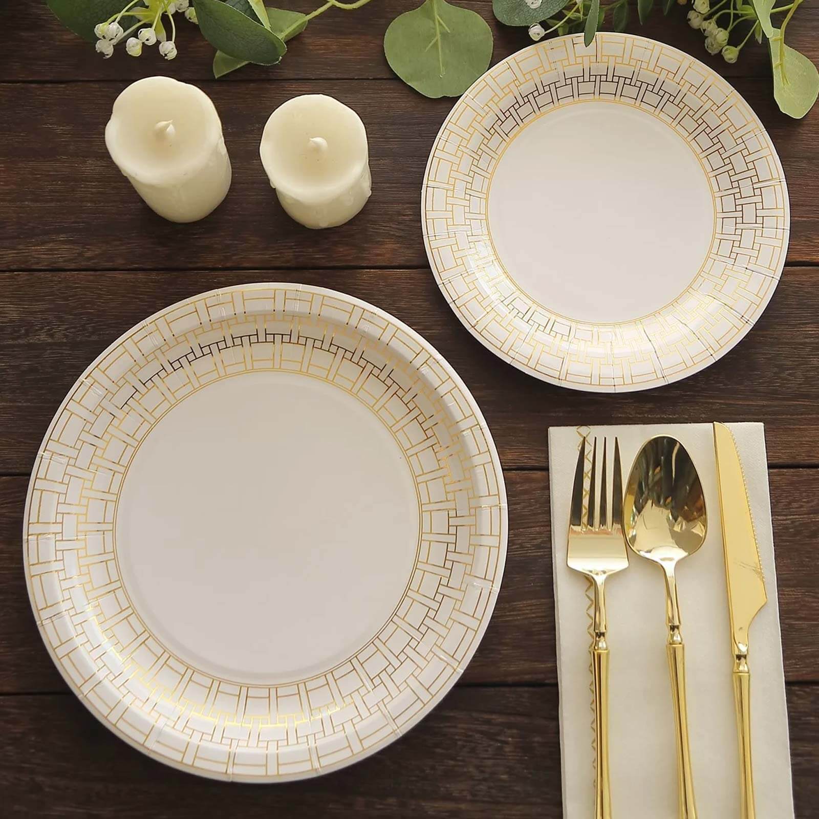 Get 25-Pack of Disposable 9-Inch White Paper Dinner Plates with Gold Basketweave Rim for Elegant Parties