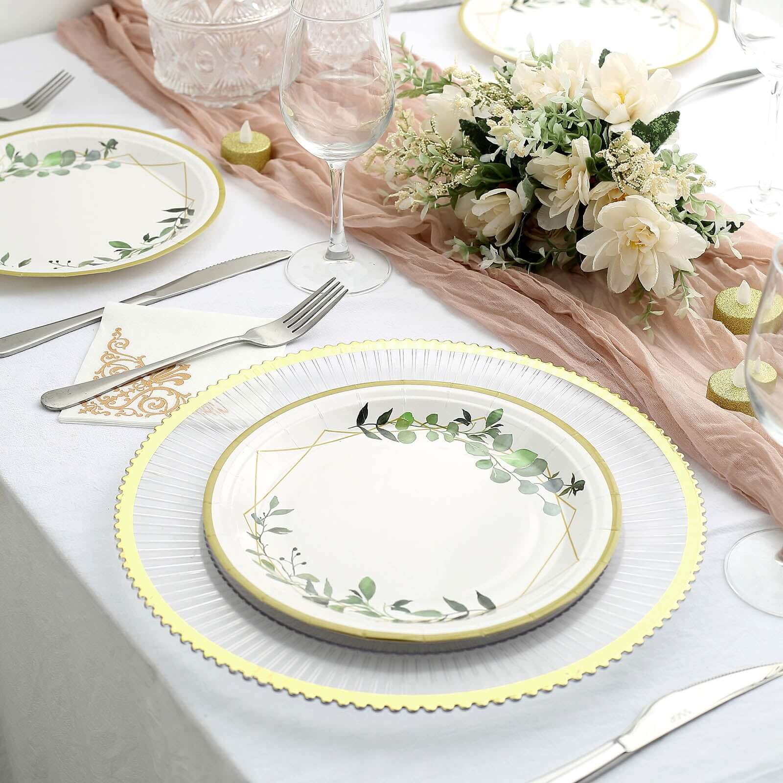 24-Pack 9-Inch White Disposable Paper Dinner Plates with Eucalyptus & Gold Rim