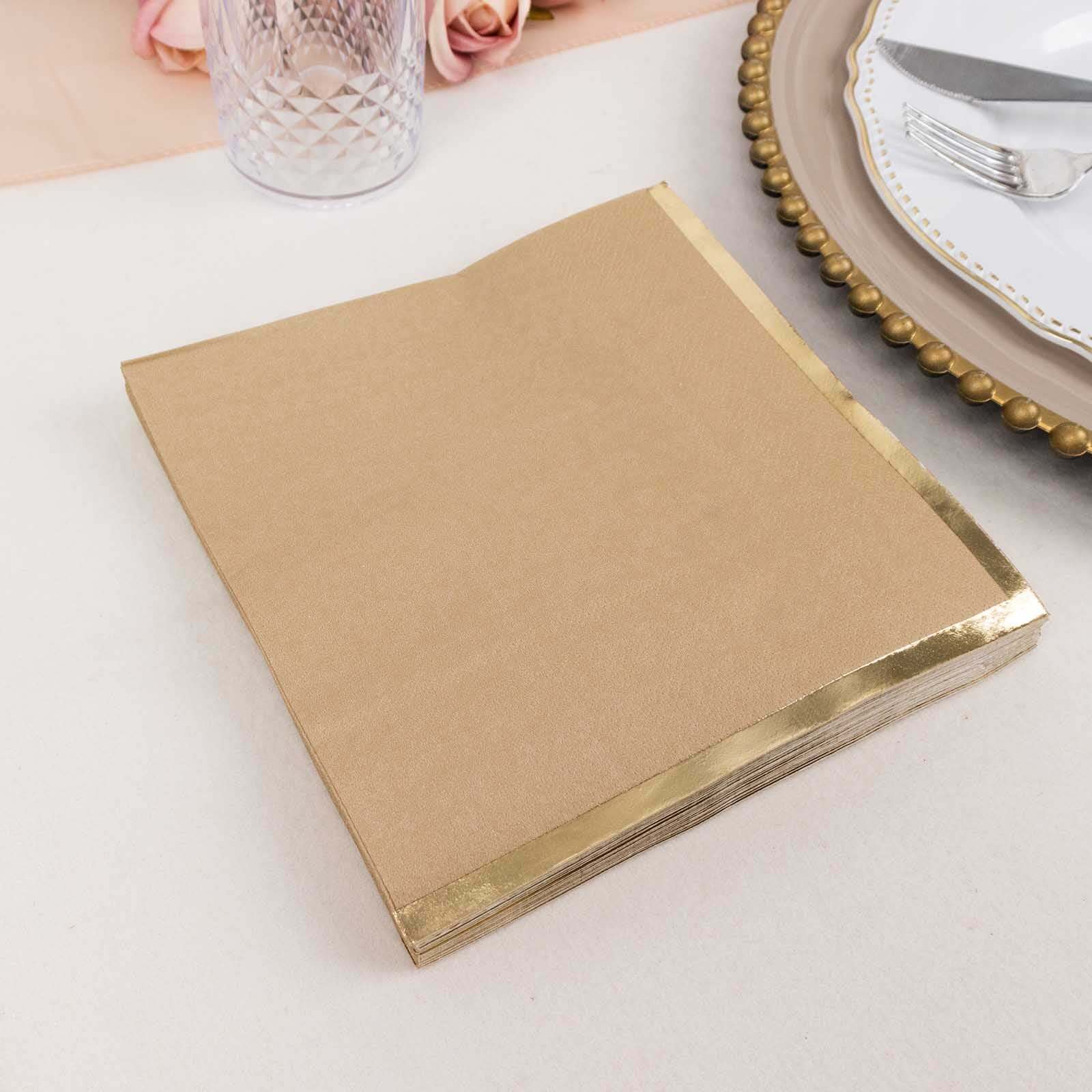 50-Pack Disposable 2-Ply Gold Foil Edge Natural Paper Beverage Napkins for Events