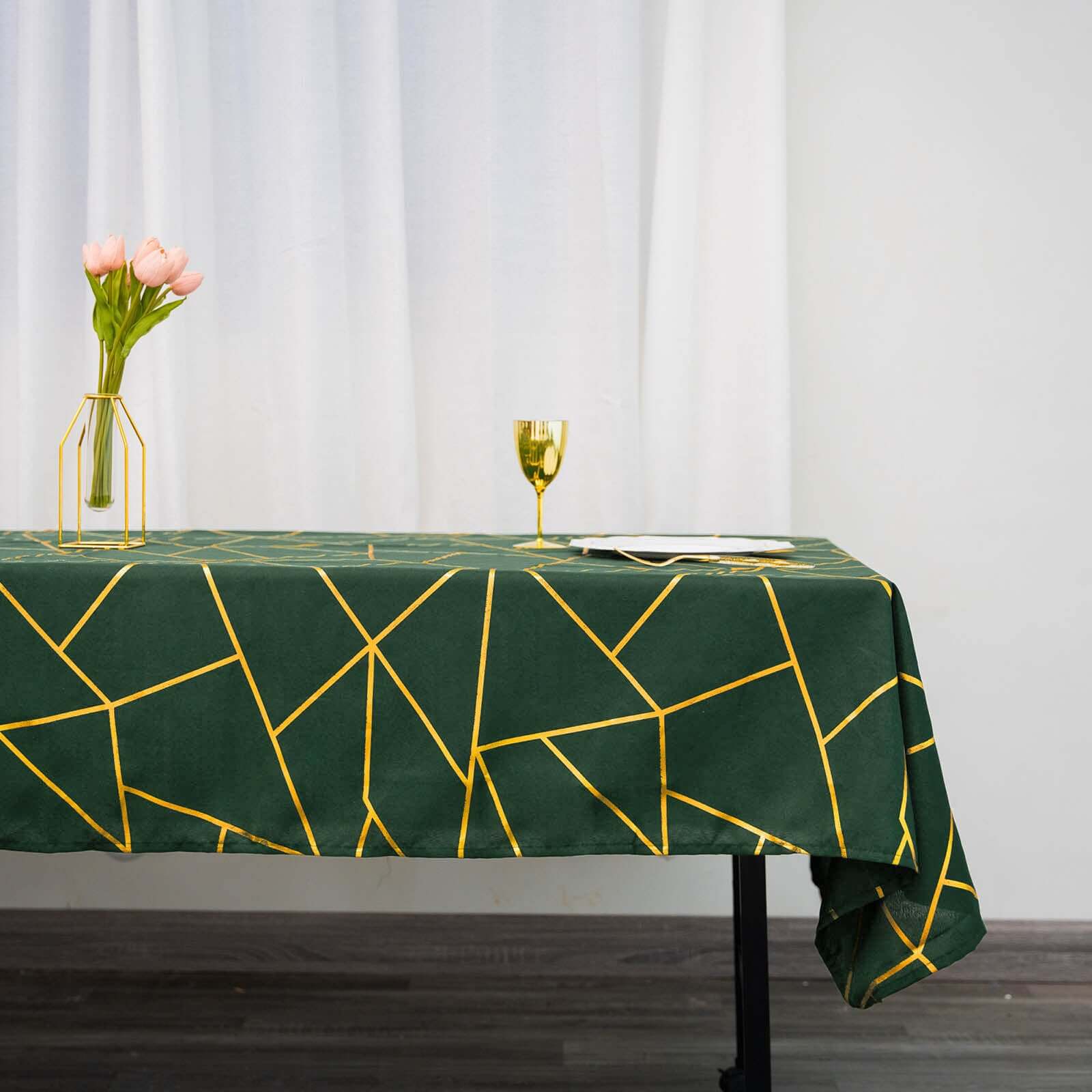 Wrinkle-Resistant & Durable Polyester Tablecloth in Hunter Emerald Green with Gold Foil Geometric Design
