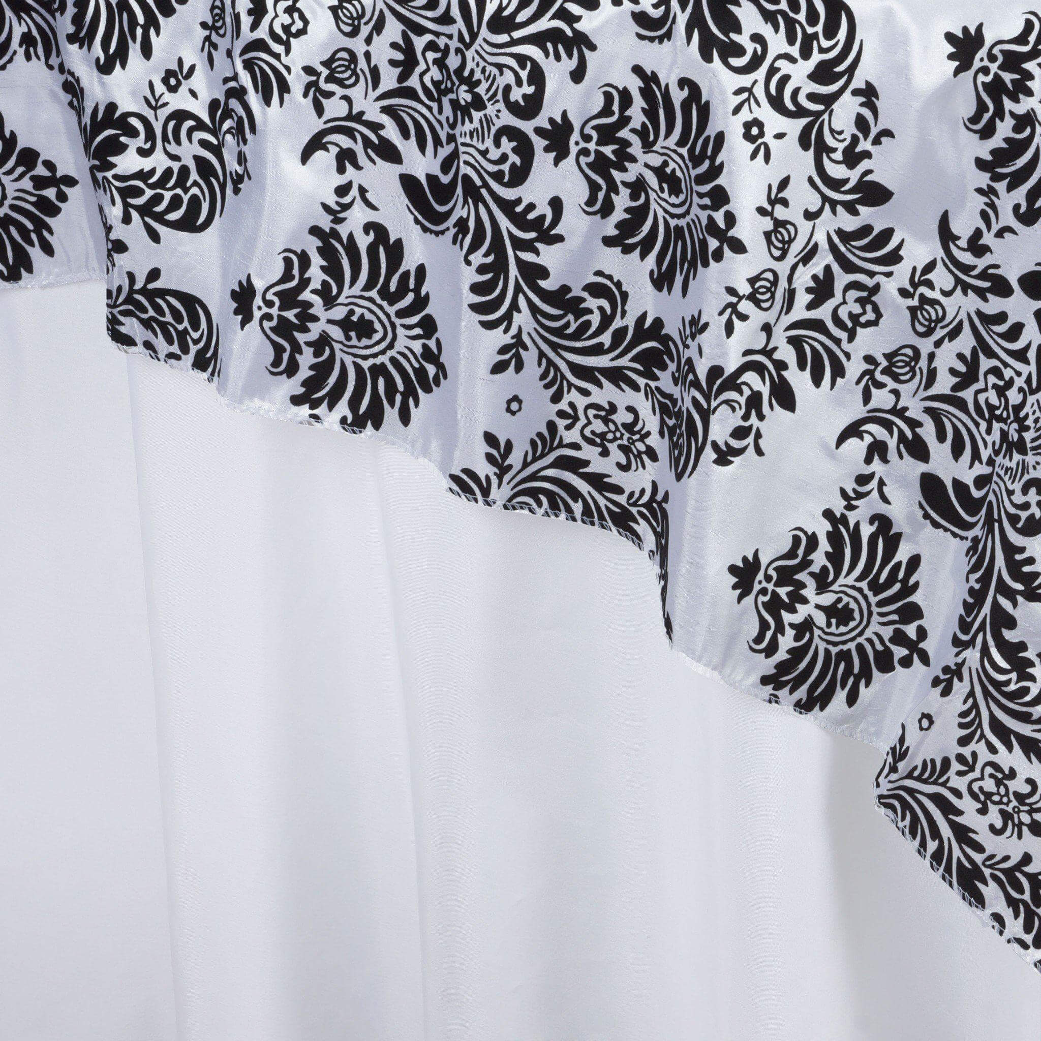 Black 90x90 Square Flocking Table Overlay with Damask Design for Elegant Events