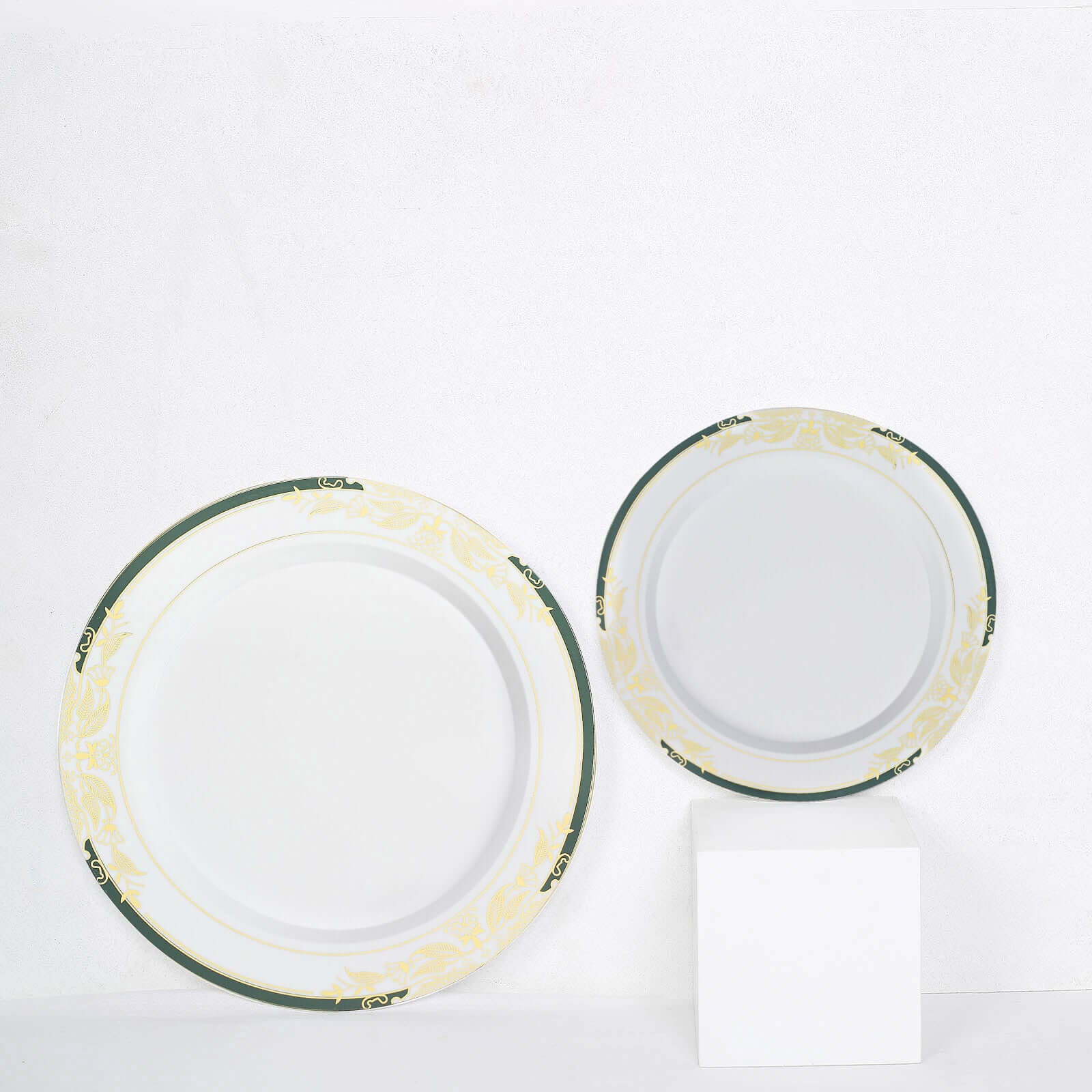 Hot Deal! 10-Pack Disposable 8-Inch Round Dessert & Salad Plates in White with Green & Gold Rim for Special Events