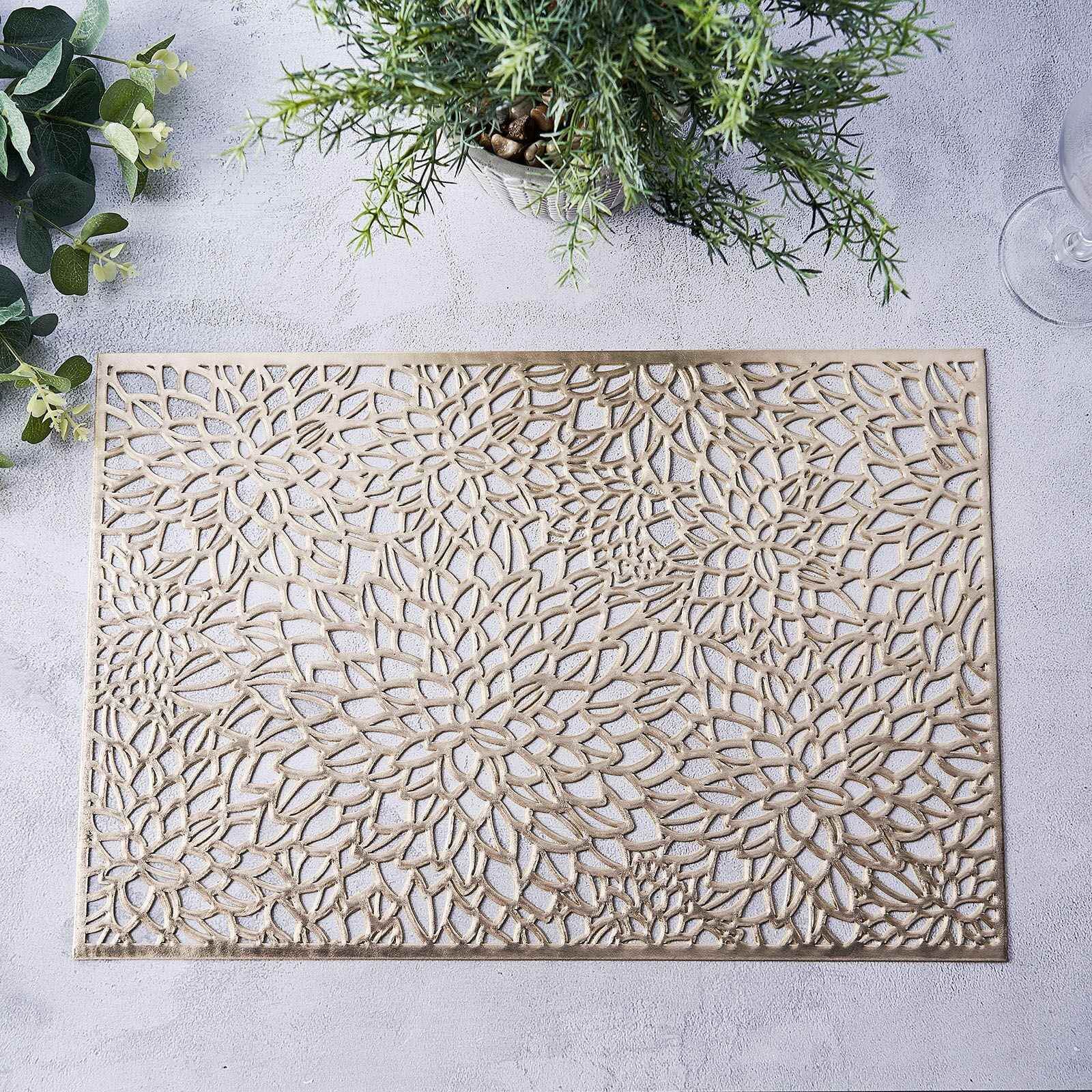 6-Pack Gold Metallic Floral Vinyl Placemats - Non-Slip 12x18 Rectangle Table Mats