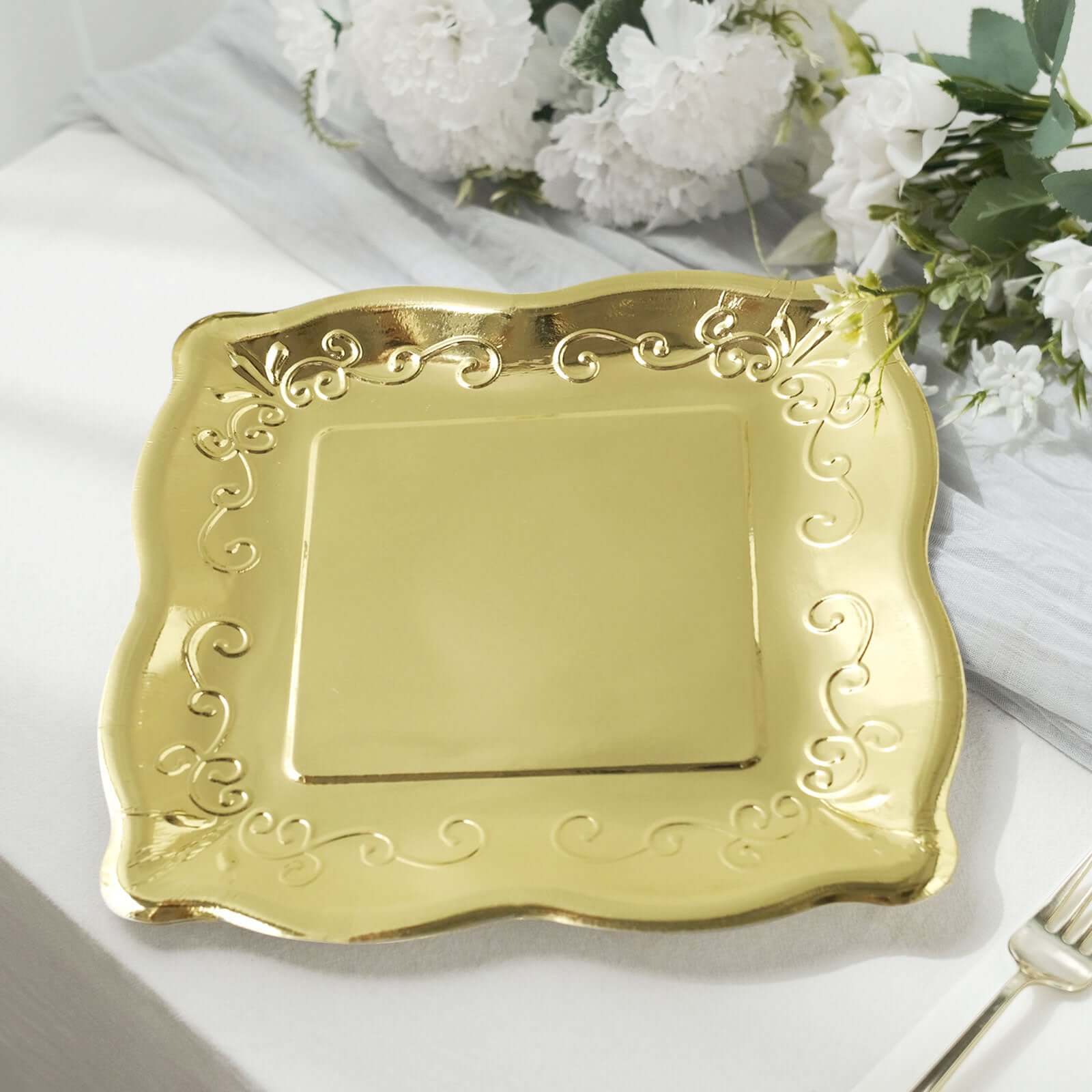 25-Pack Disposable Gold Square Dinner Plates with Vintage Pottery Embossed Design for Glamorous Events