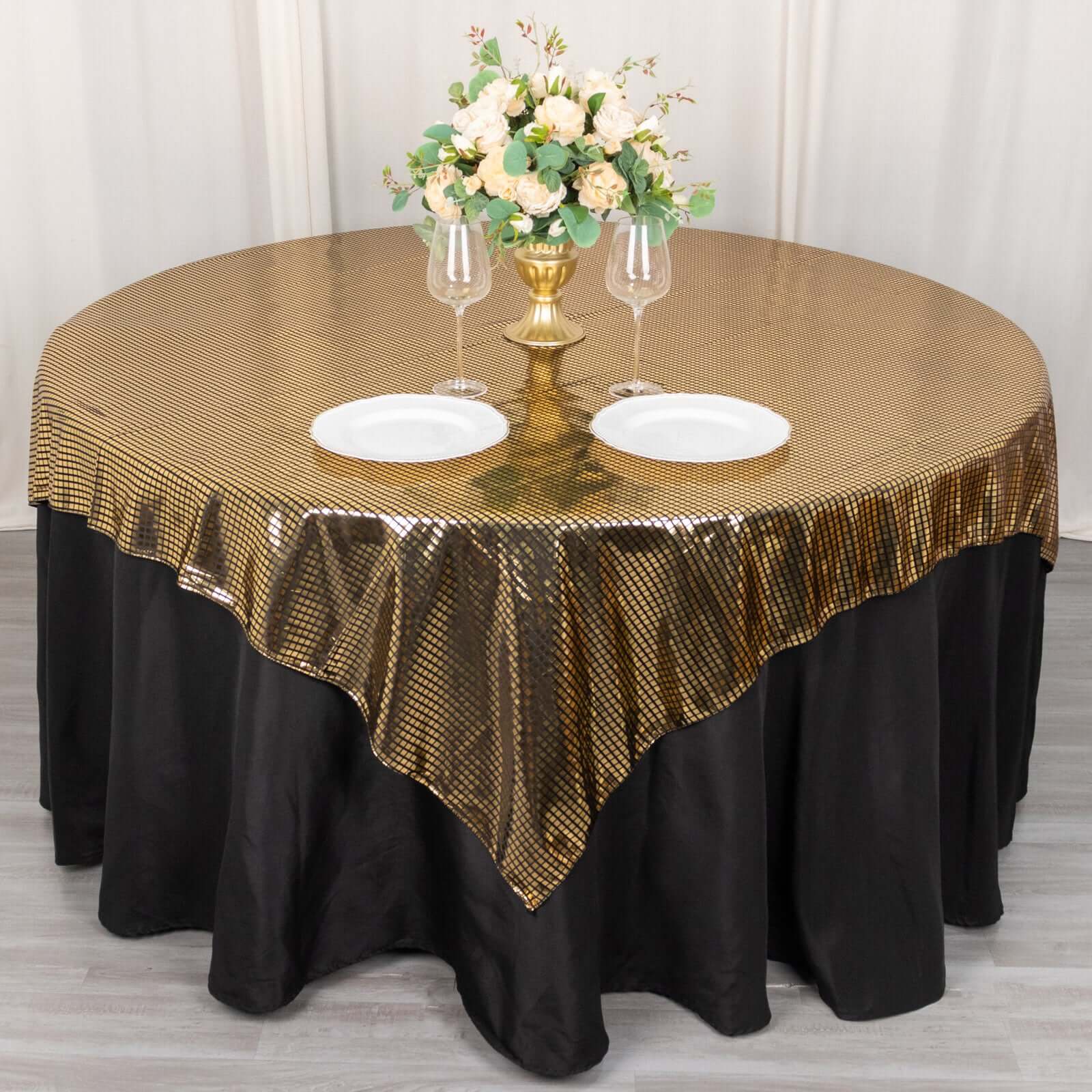 Stylish Black - Gold Foil Disco Mirror Ball Polyester 72x72 Square Table Overlay for Celebrations