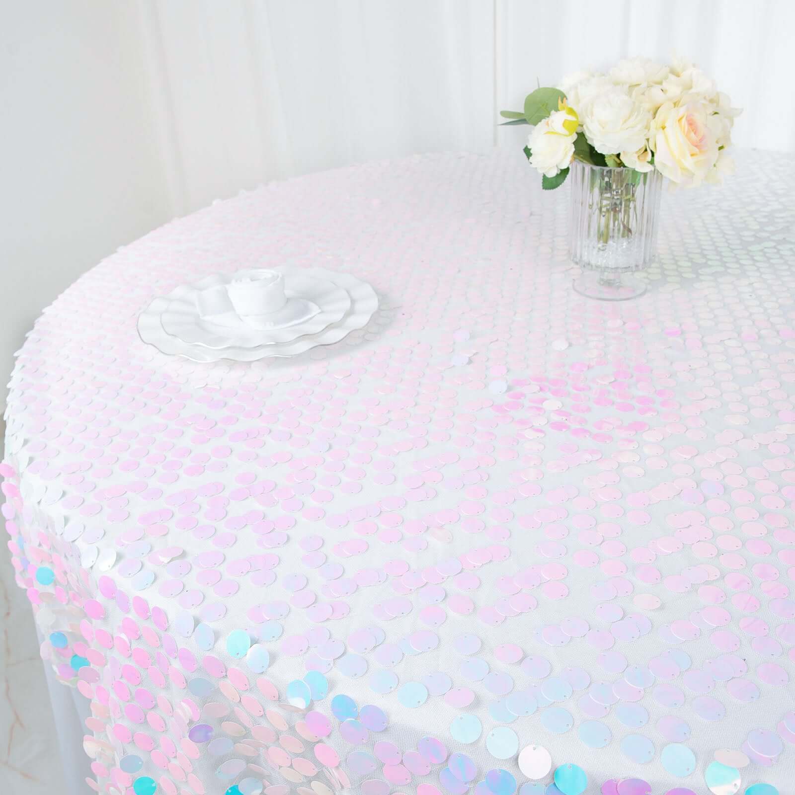 18mm Sequin 72x72 Square Table Overlay in Iridescent Blue for Big Tables