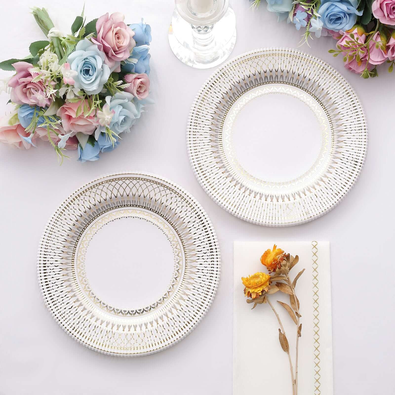 25-Pack Disposable 8-Inch White Salad Plates with Gold Vintage Porcelain Rim - Premium Quality
