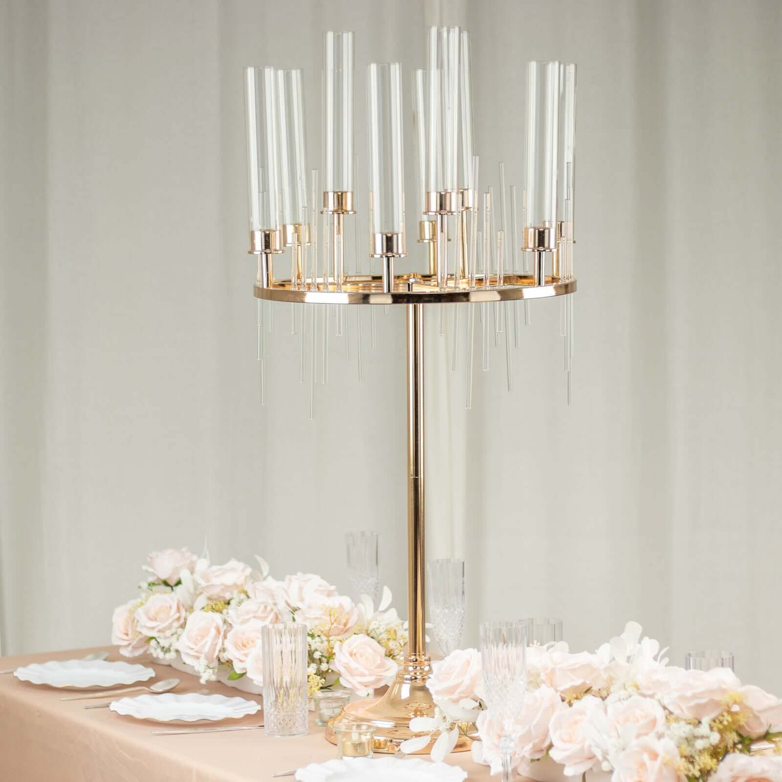 Gold 9-Arm Round Cluster Taper Candelabra Table Centerpiece with Drip Accents and Glass Shades