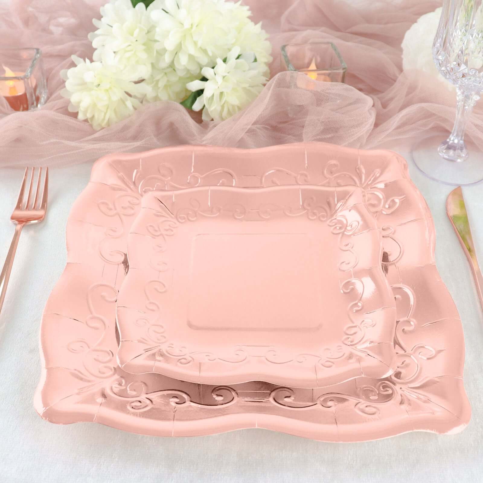 Hot Sale! 25-Pack Disposable Rose Gold Square Dessert Appetizer Paper Plates with Vintage Pottery Embossed Design
