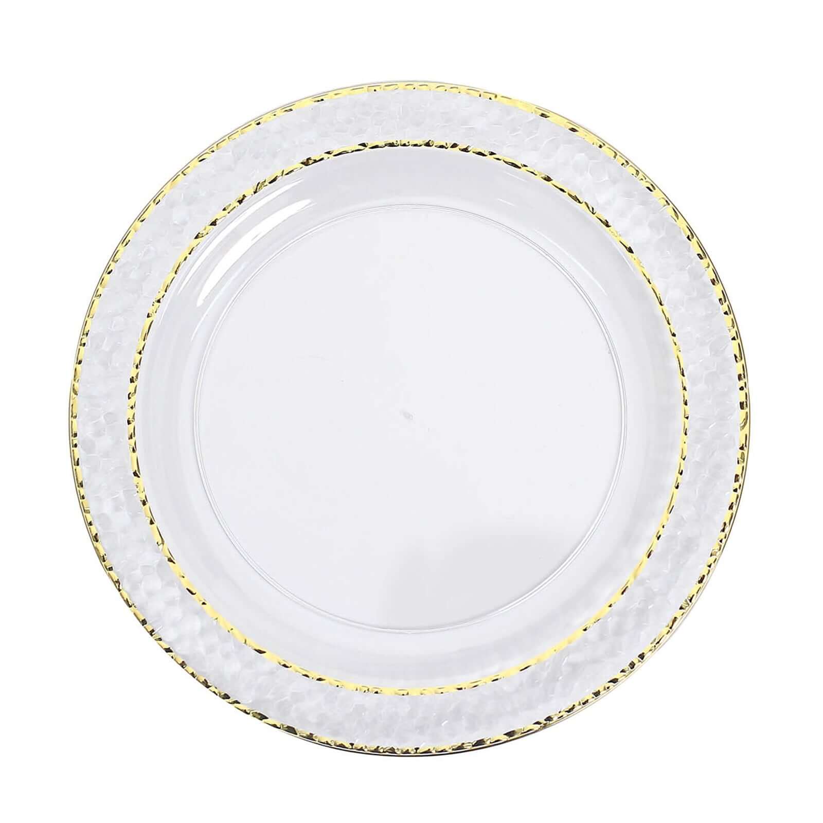 10-Piece Set of Disposable Clear Plastic Appetizer Plates with Hammered Design and Gold Rim for Special Events
