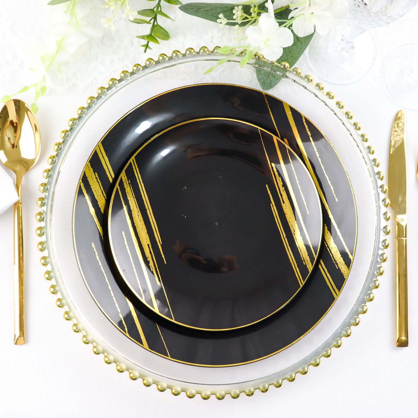 10-Piece Set of Disposable Black Plastic Dessert Plates with Gold Brush Print for Modern Events