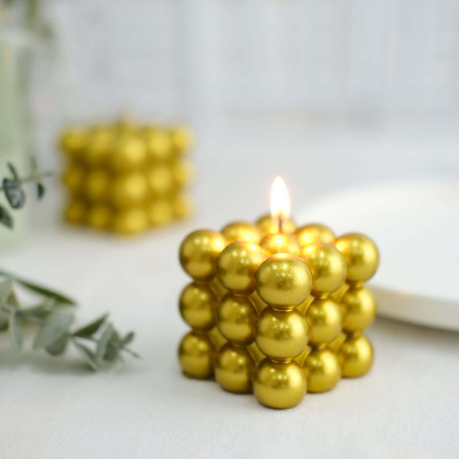 2-Pack Long Burning Unscented Metallic Gold Bubble Cube Paraffin Wax Pillar Candles