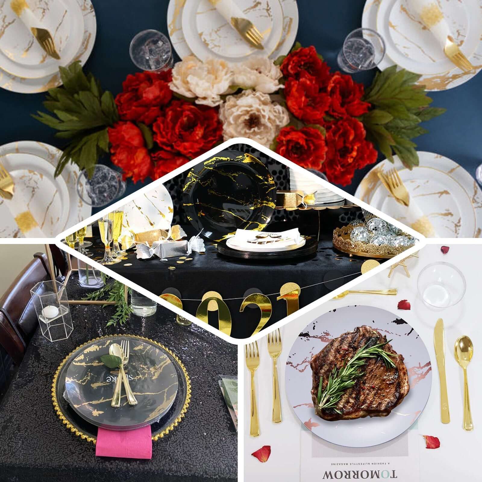 10-Piece Set of White Plastic Round Dinner Plates with Gold Marble Print for Elegant Parties
