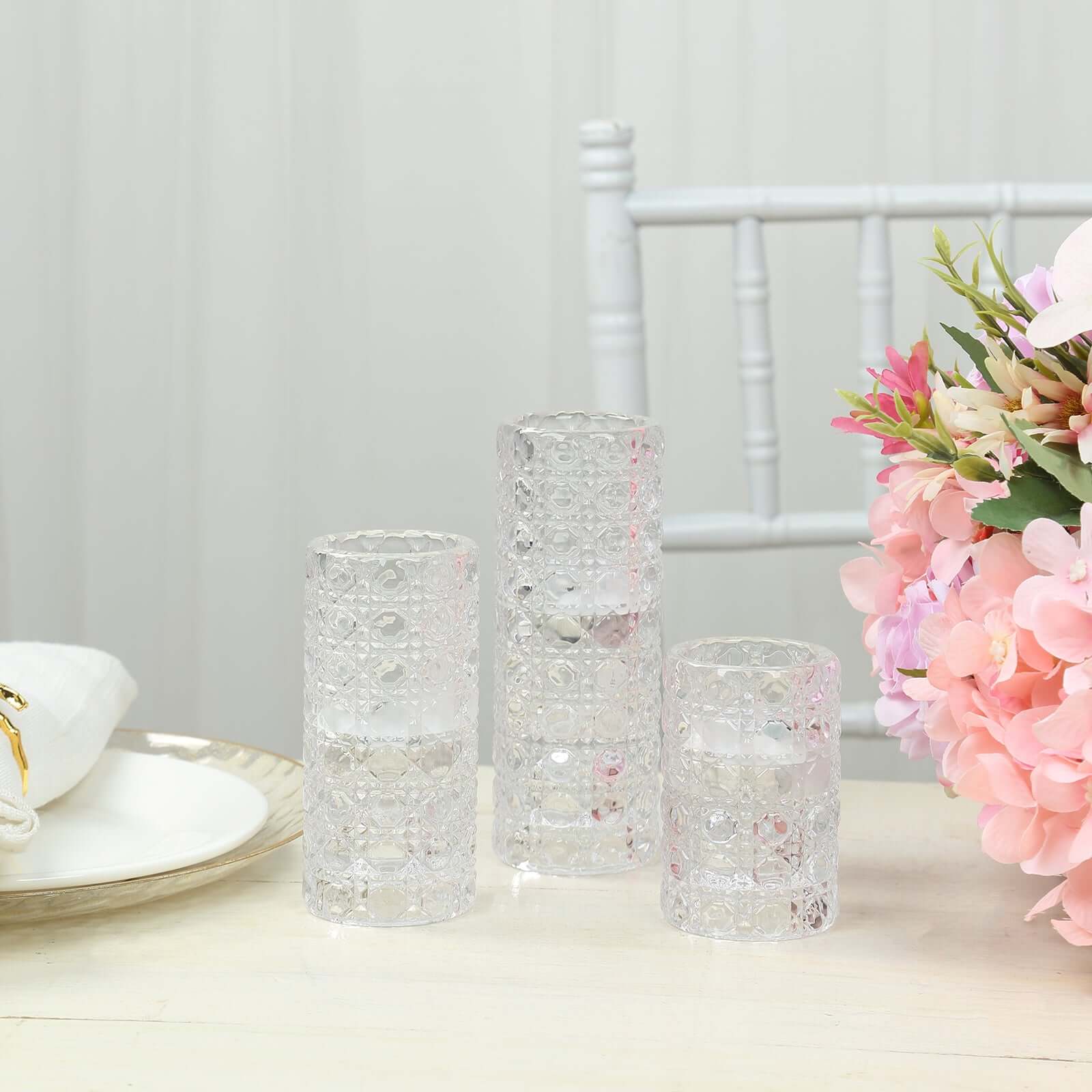 Hot Deal! Set of 3 Clear Glass Taper & Tealight Candle Holders with Gemstone Pattern