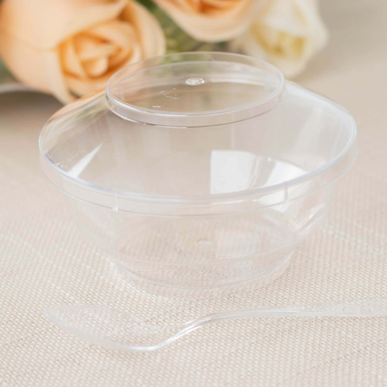 24-Piece Clear Plastic Mini Party Bowl Set with Lid and Spoon - 3.5oz Ideal for Desserts