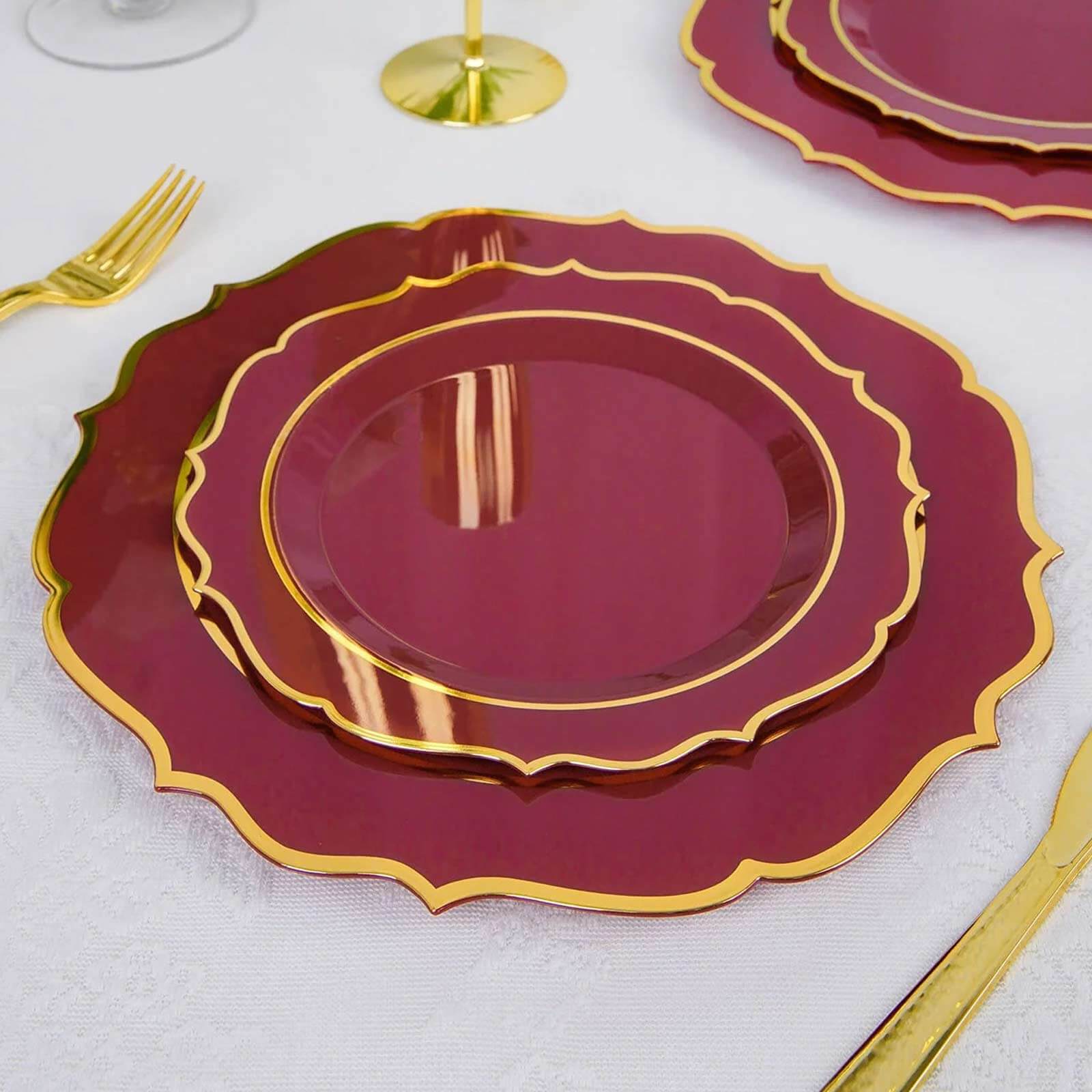 10-Piece Set of Disposable Burgundy Plastic Round Desert Plates with Gold Scalloped Rim, 8-Inch