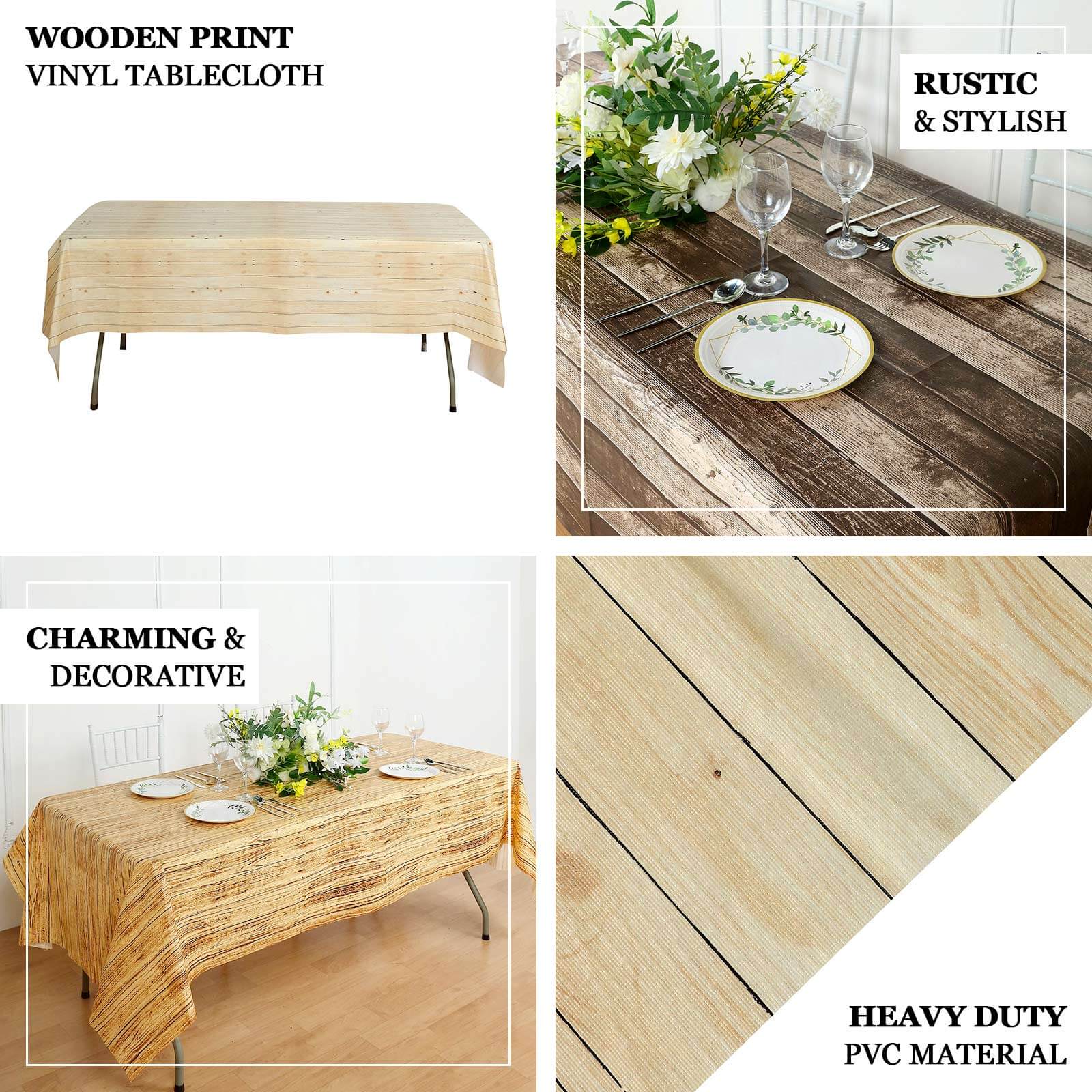 Hot Sale! Durable PVC Disposable Natural Rectangle Plastic Table Cover with Rustic Wooden Print, 52x108